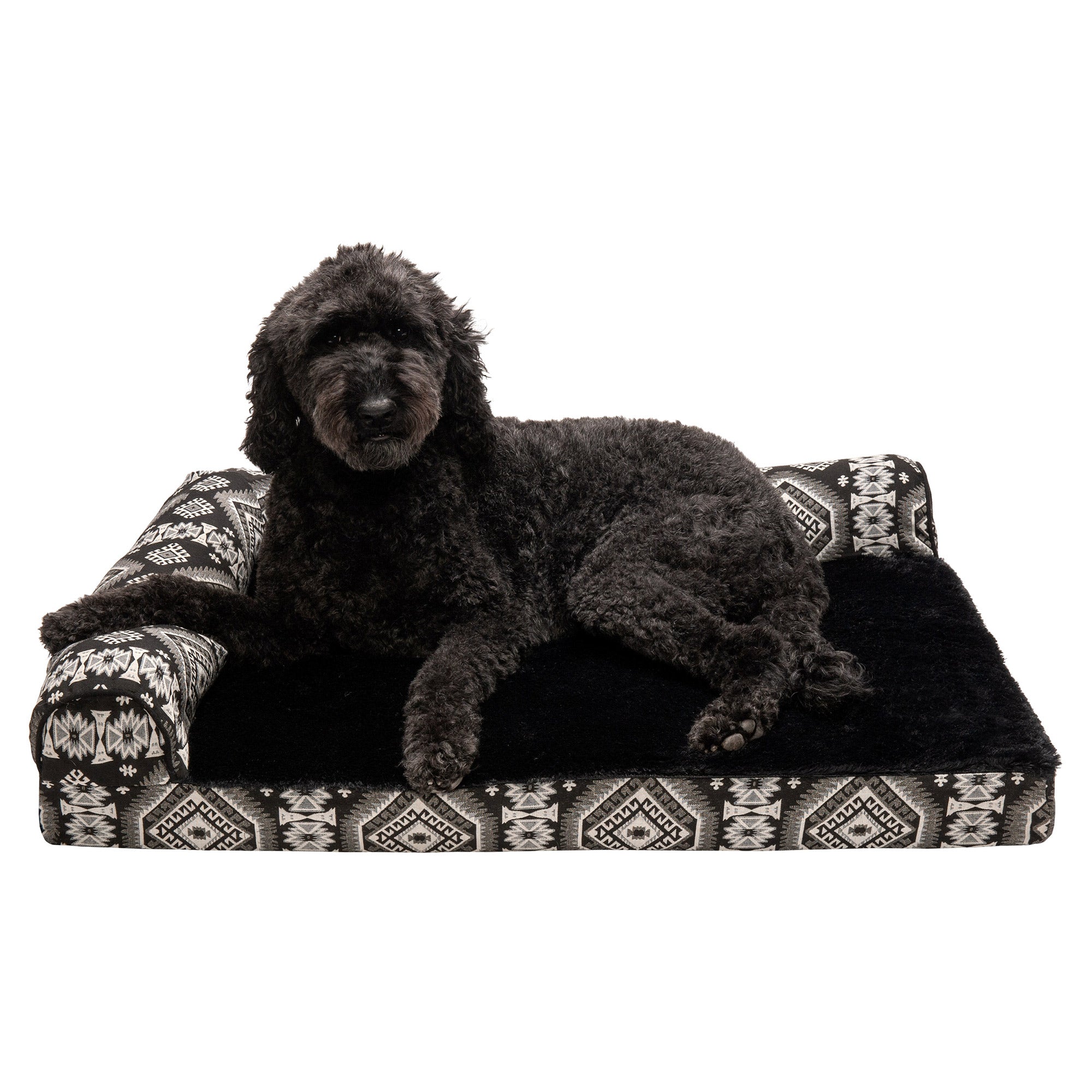 FurHaven Pet Dog Bed | Deluxe Memory Foam Southwest Kilim L-Shaped Chaise Couch Pet Bed for Dogs and Cats， Black Medallion， Large