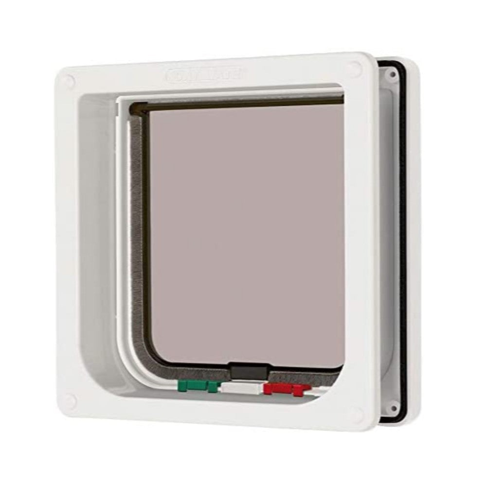 Cat Mate 4 Way Locking Cat Flap W/Door Liner-White， Transparent Flap and Magnetic Catch