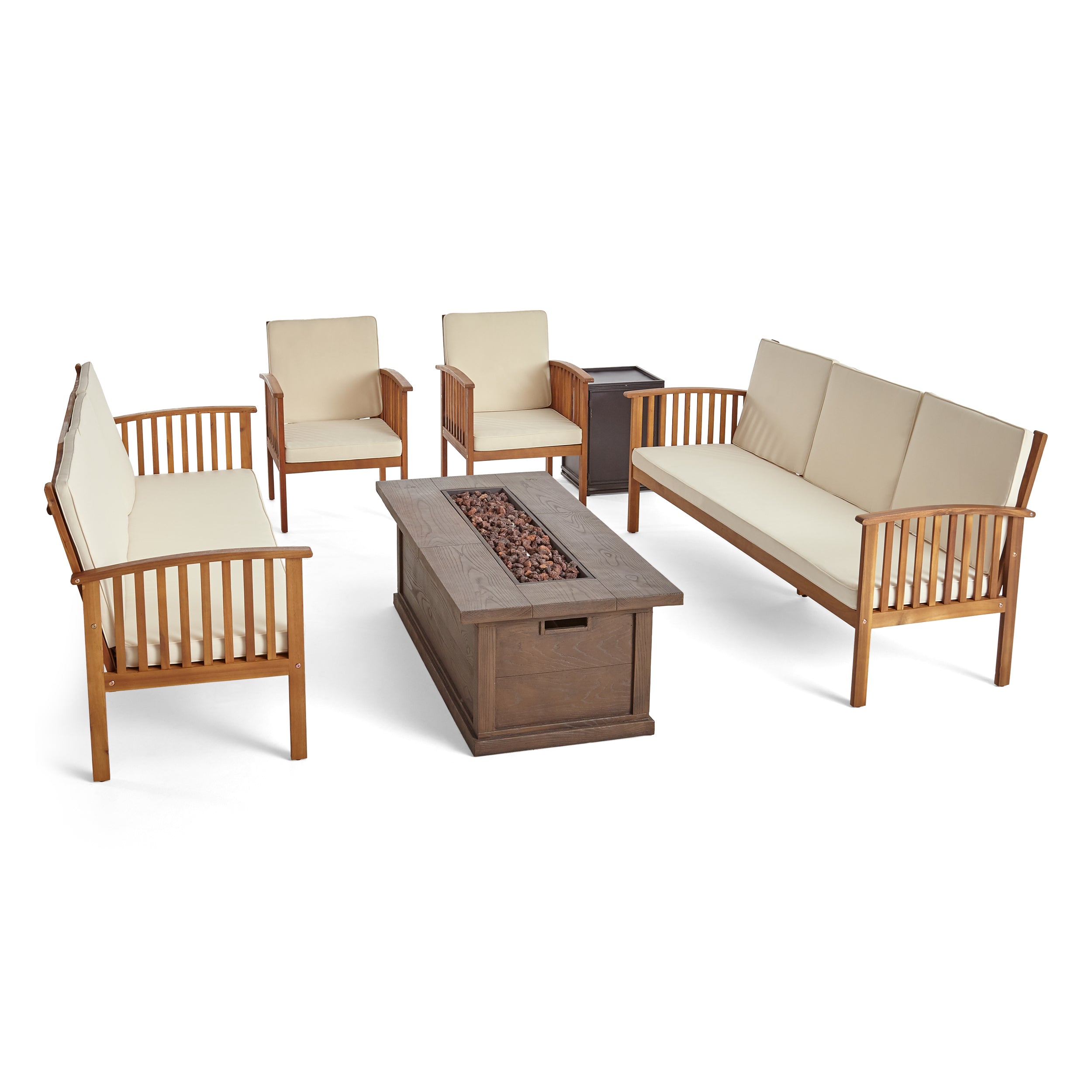 Karen Outdoor 6 Piece Acacia Wood Sofa Conversational Set with Fire Pit