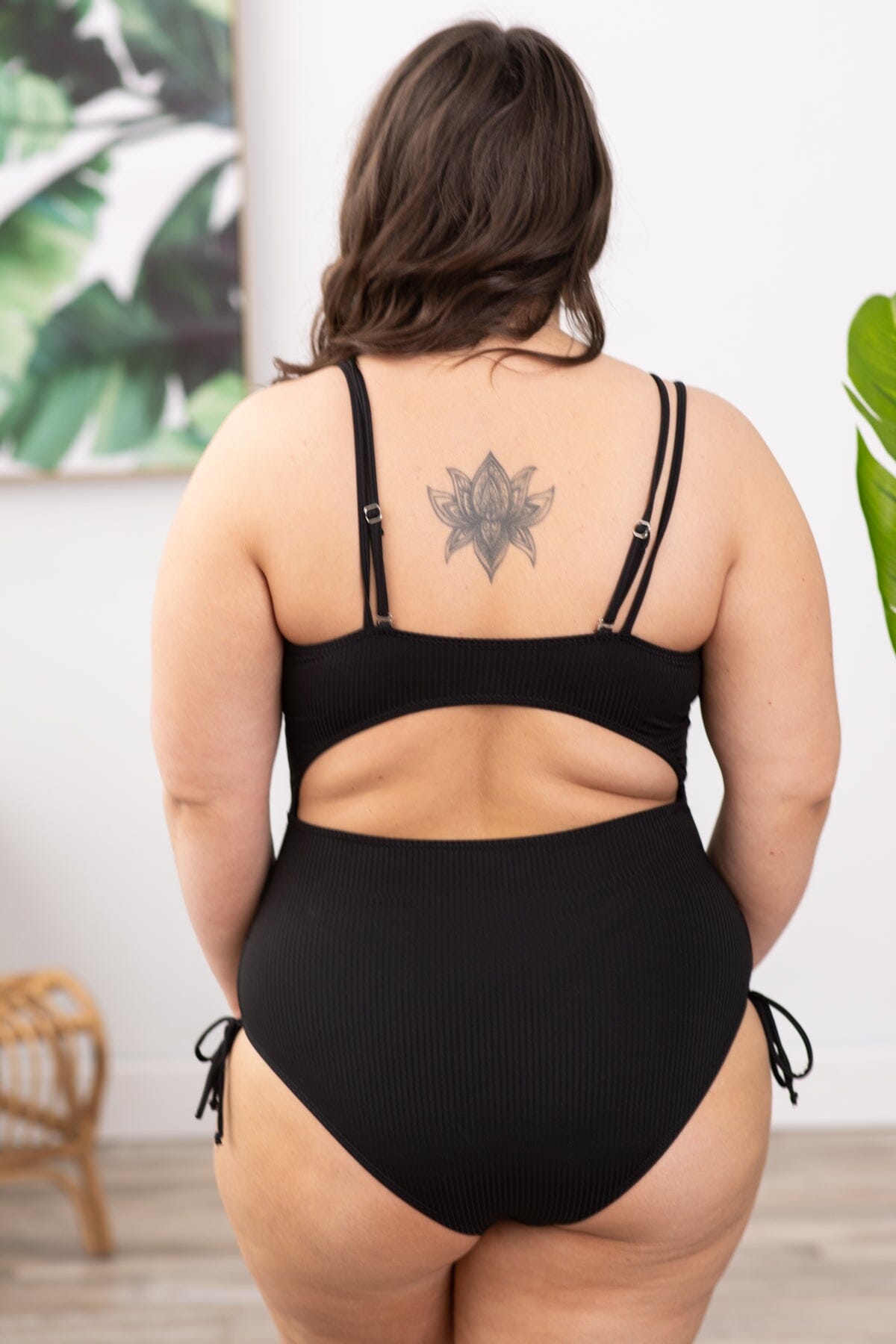 Black Ruched Side Ribbed One Piece Swimsuit