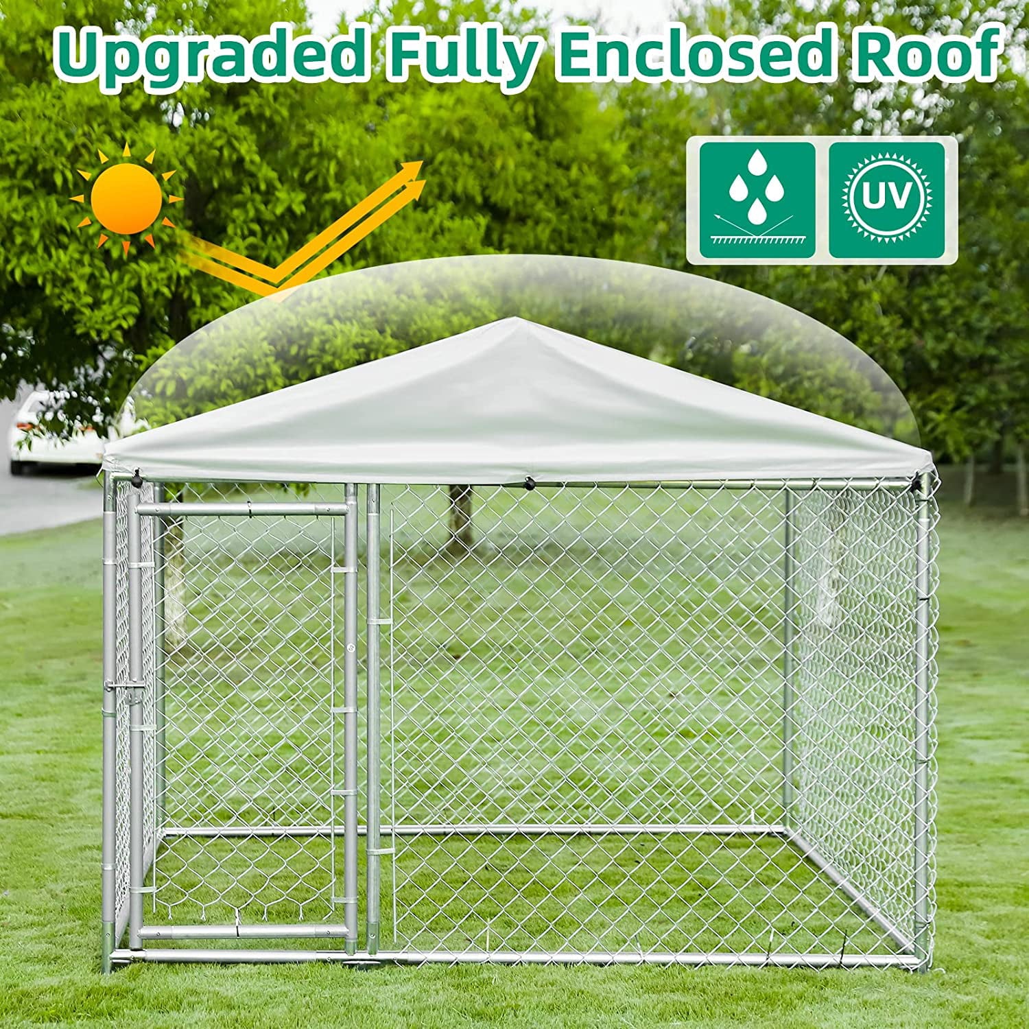 VIVIJASON Outdoor Large Dog Kennel Heavy Duty Fence Dog Cage with Galvanized Chain Link， Outside Pen Playpen Dog Run House with UV and Waterproof Cover and Secure Lock for Backyard