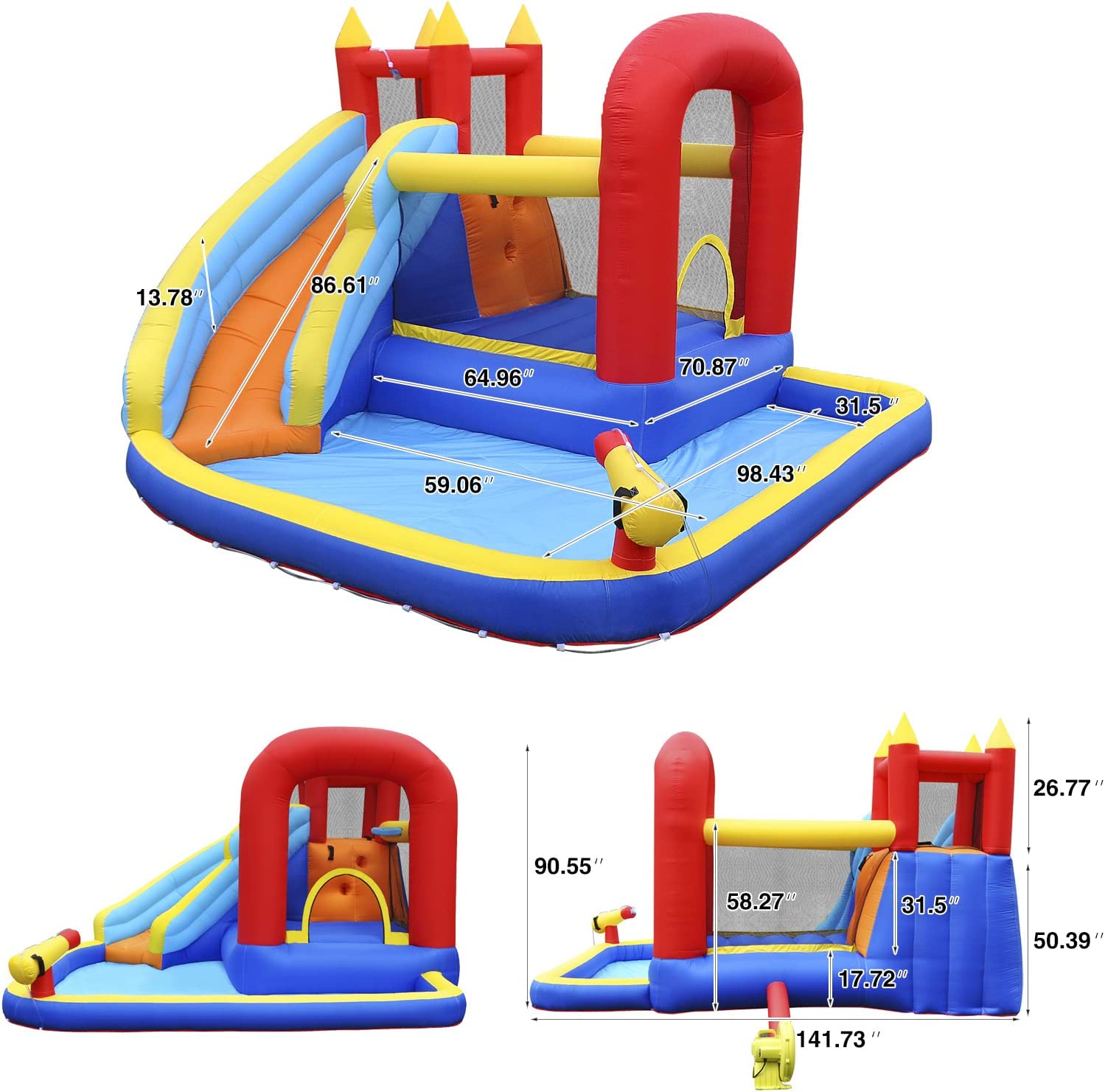 Track 7 Inflatable Water Slide for Kids，Inflatable Bounce House with Waterslide Park，Jumper Slide Playhouse with Splash Pool，Water Cannon，Climbing Wall，Air Blower，Jumping Bouncer for Backyard Outdoor
