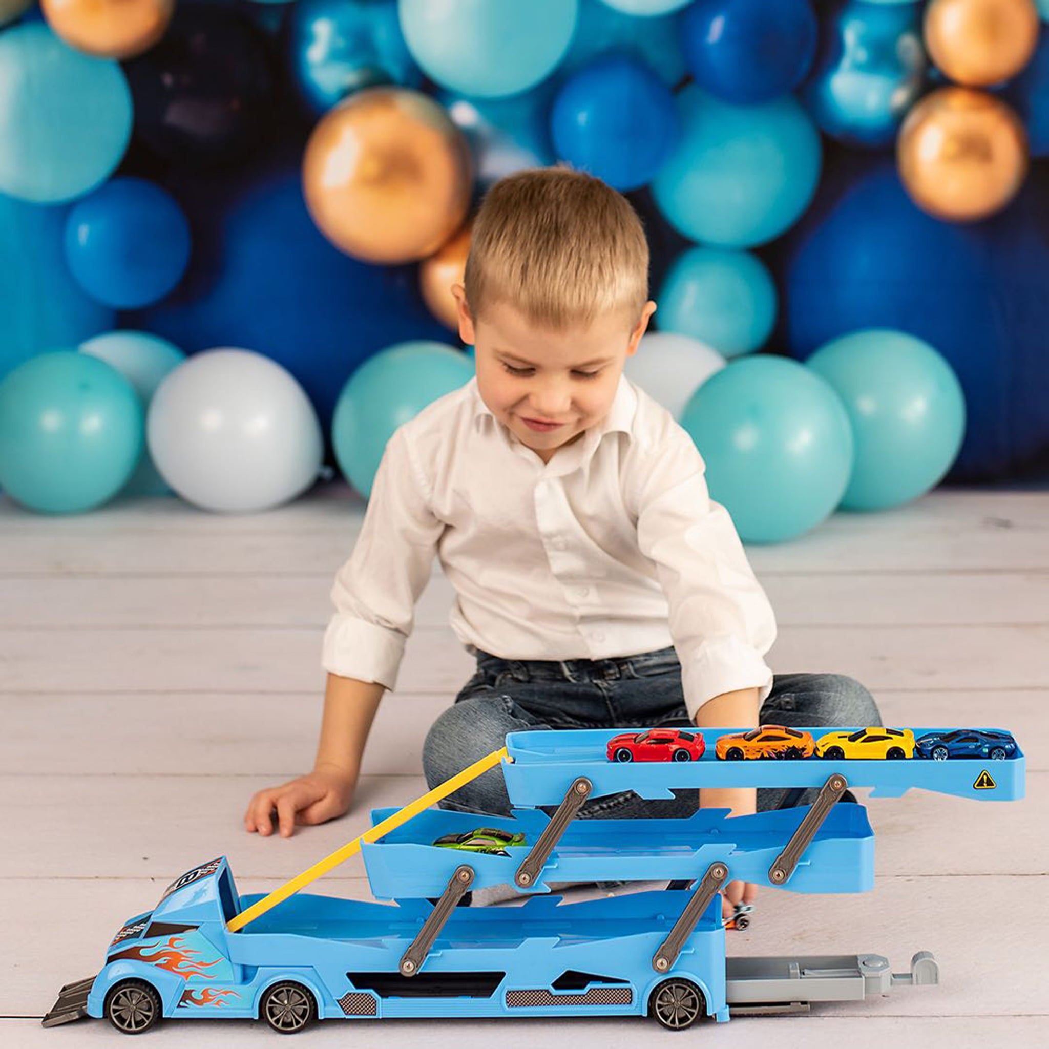 TOYLI Vehicle Playset Toy Car Hauler Carrier Truck with Track， Launcher， 6 Metal Die-Cast Vehicles， for Boys Girls Toddlers