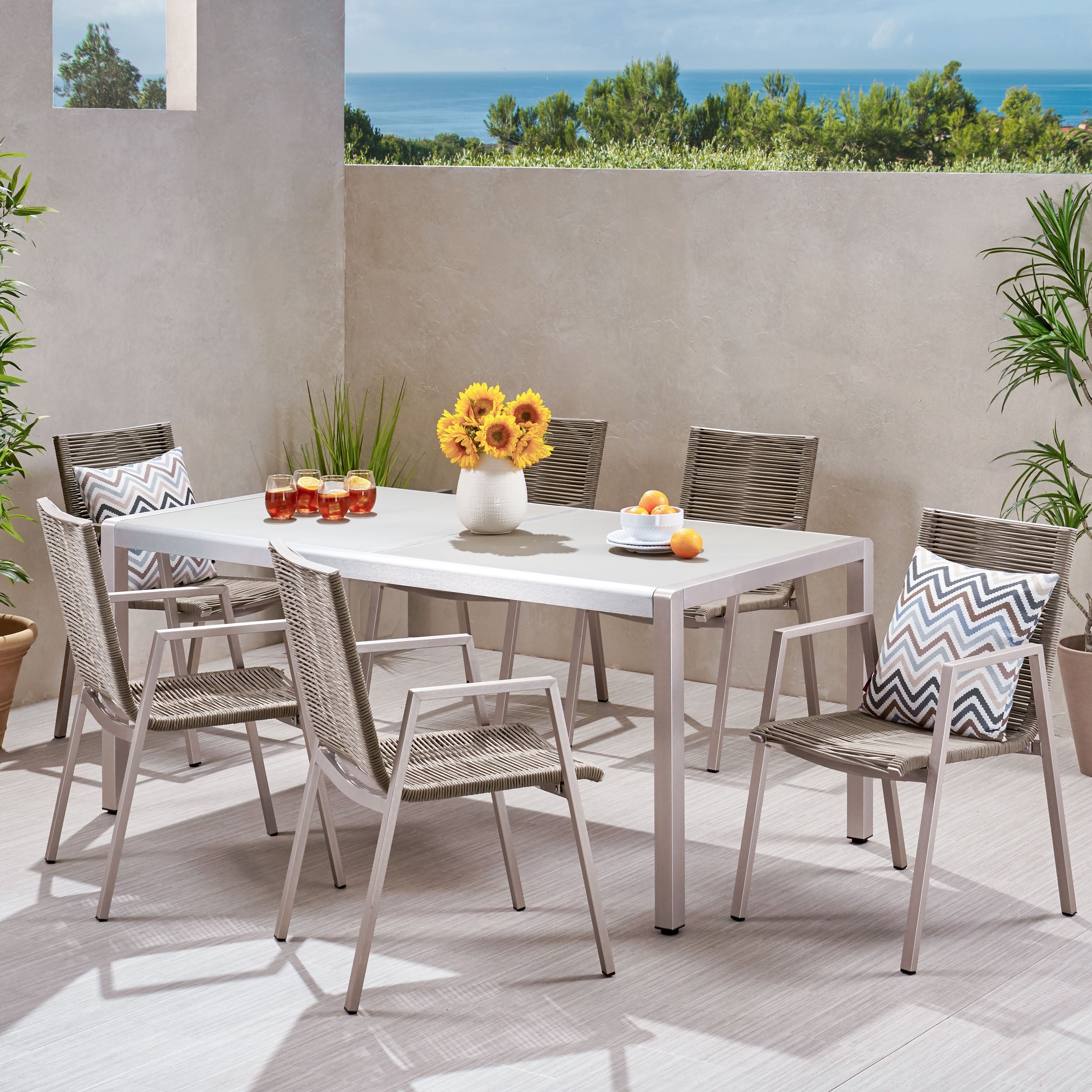 Damyrah Outdoor Modern 6 Seater Aluminum Dining Set with Tempered Glass Top