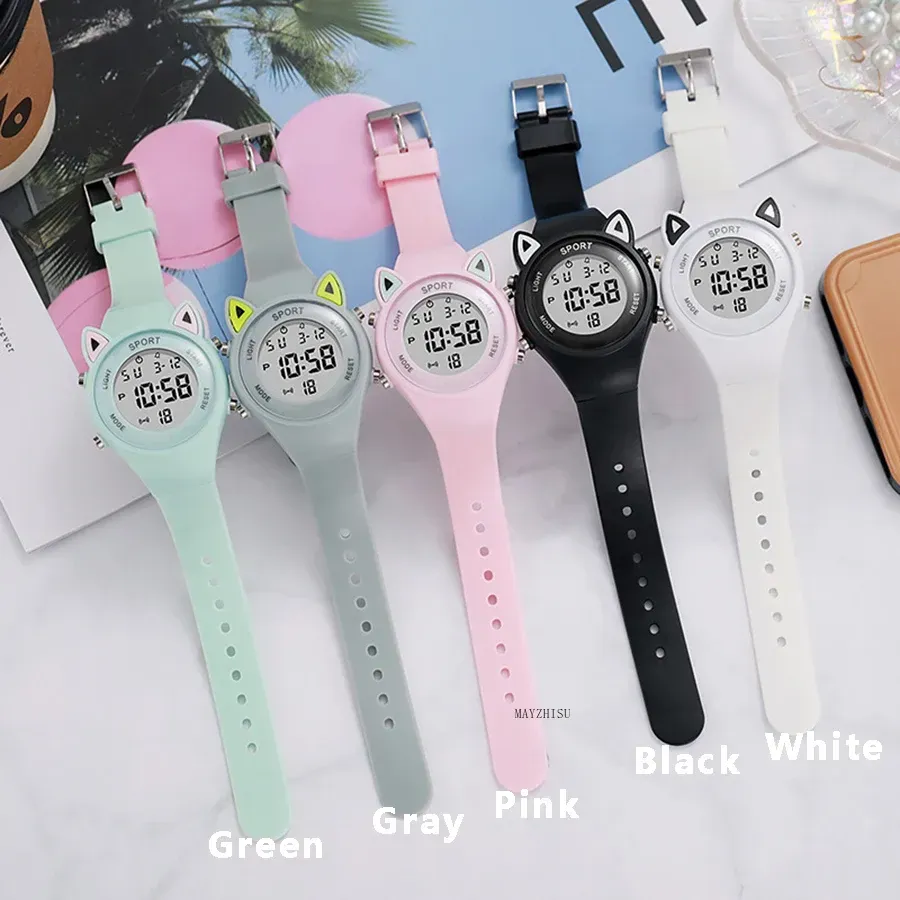 LIUYANGTIAN 3D Cat-ear Women Watch with Bracelet Sports Electronic Watches for Girls and Boys Student Waterproof LED Digital Wristwatch Gift