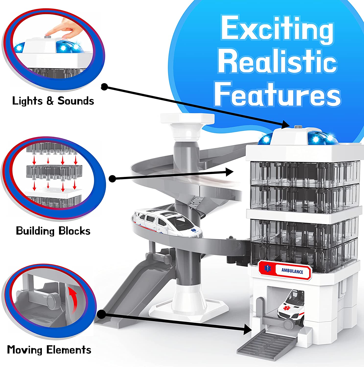 Surnie Car Garage Toy， Car Tracks for Boys with 2 Ambulances and Lights and Sounds， 21 Pcs Kids Toy Car Ramp Rescue Station with Building Instructions， for Toddlers Boys Girls 3+