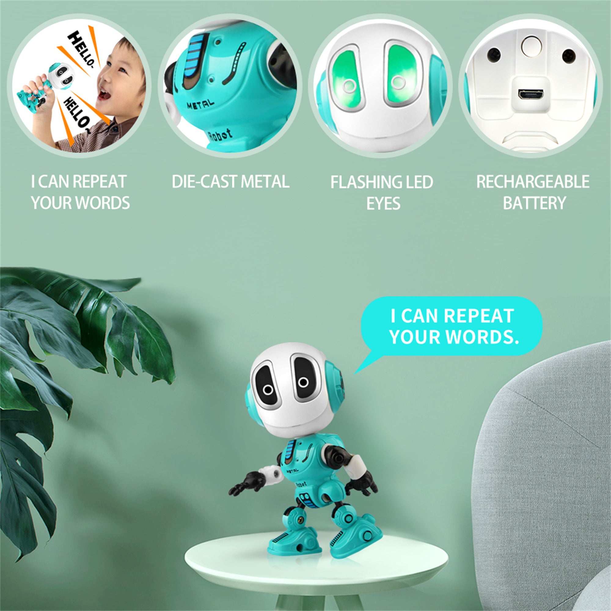 Wupuaait Rechargeable Talking Robot Toy for 3-9 Y Kids with Touch Sensitive Led， Blue