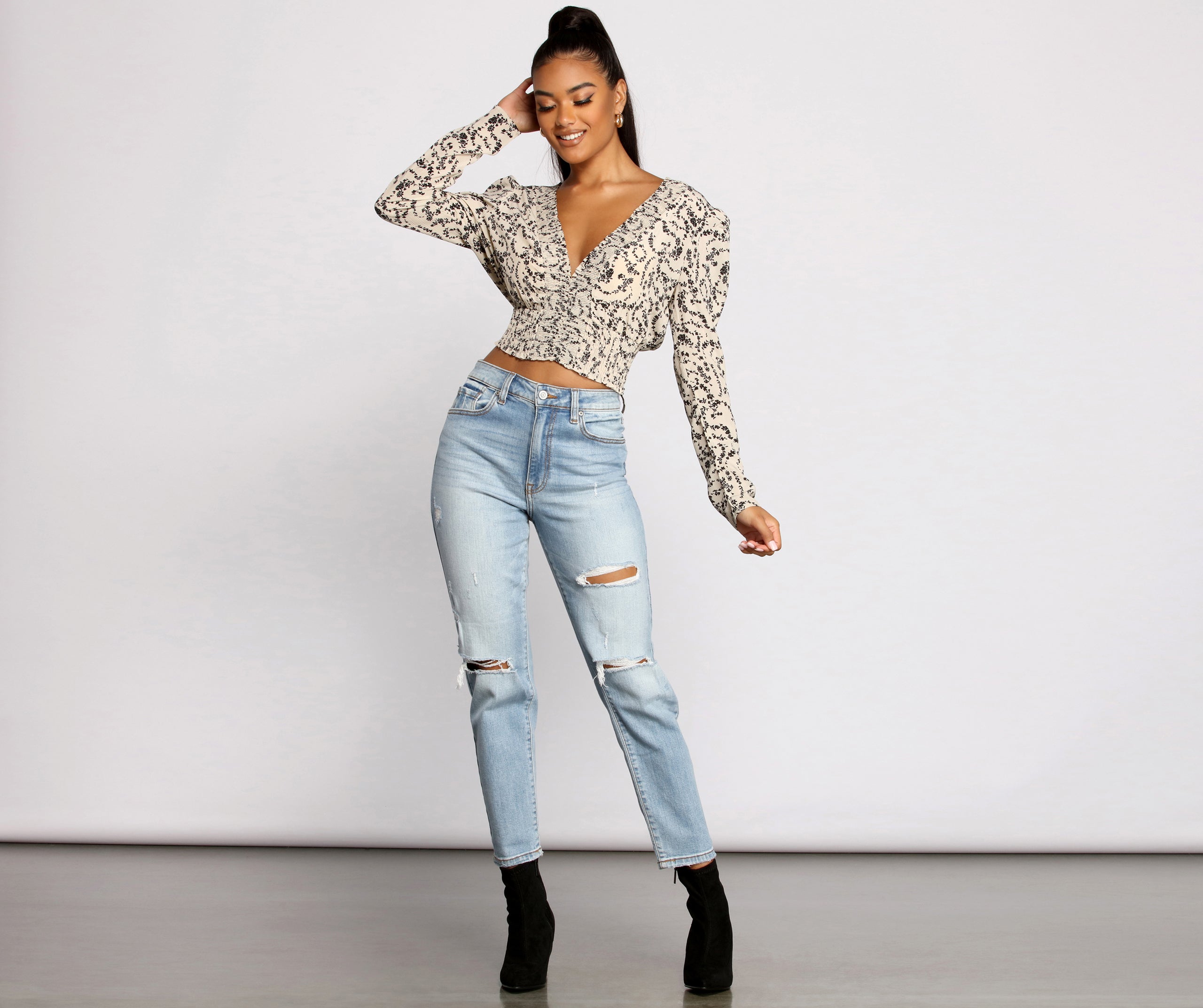 Sweet Intentions Smocked Knit Floral Crop Top