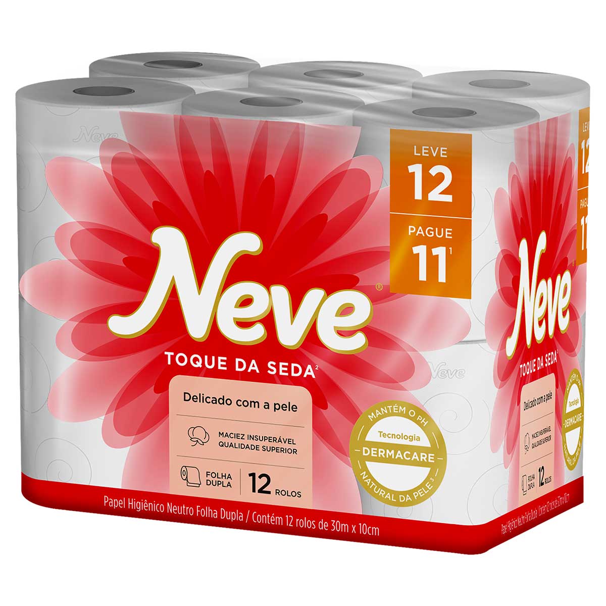 Papel Higienico Folha Dupla Neutro Neve Toque da Seda 30 Metros Leve 12 Pague 11 Unidades