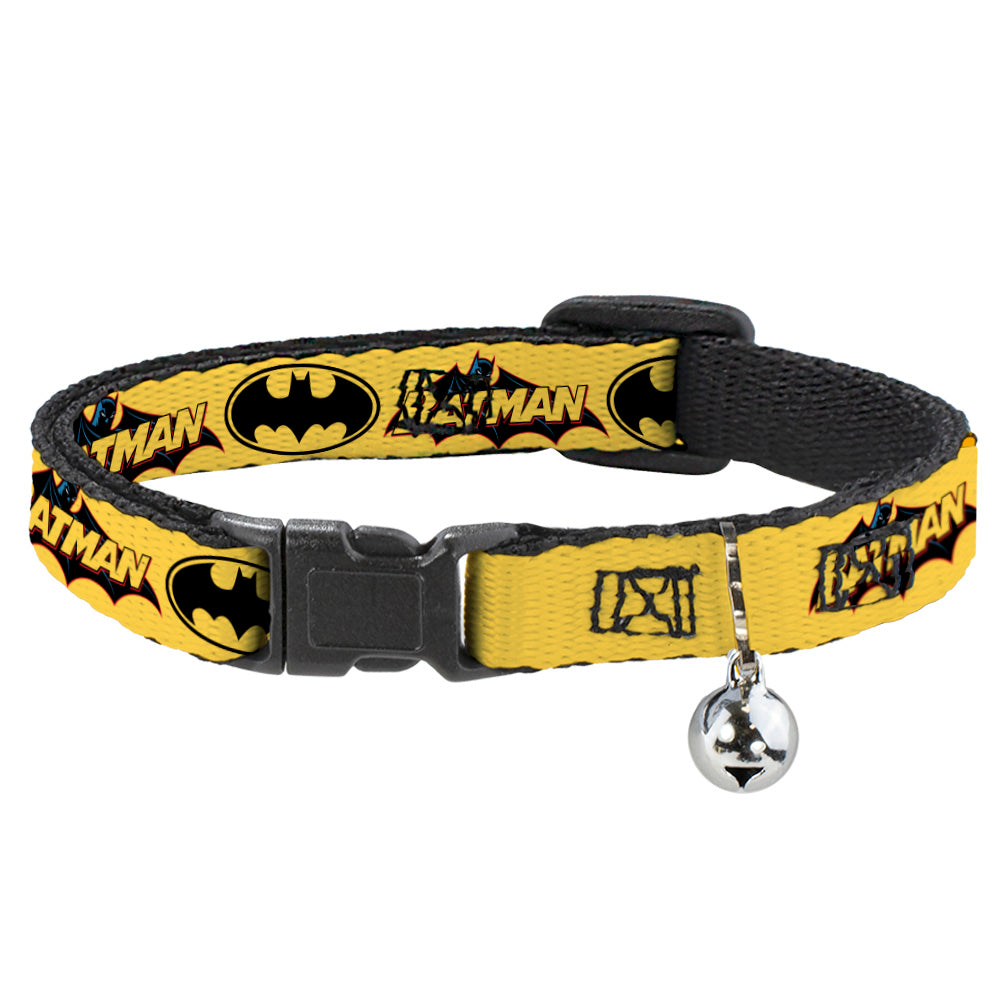 DC Comics Cat Collar， Breakaway Collar with Bell， Vintage Batman Logo Bat Signal Yellow， 8.5 to 12 Inches 0.5 Inch Wide