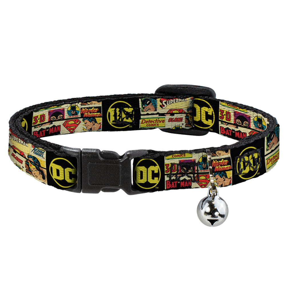 DC Comics Cat Collar， Breakaway Collar with Bell， Vintage DC Comics Superhero and Logos Collage Black， 8.5 to 12 Inches 0.5 Inch Wide