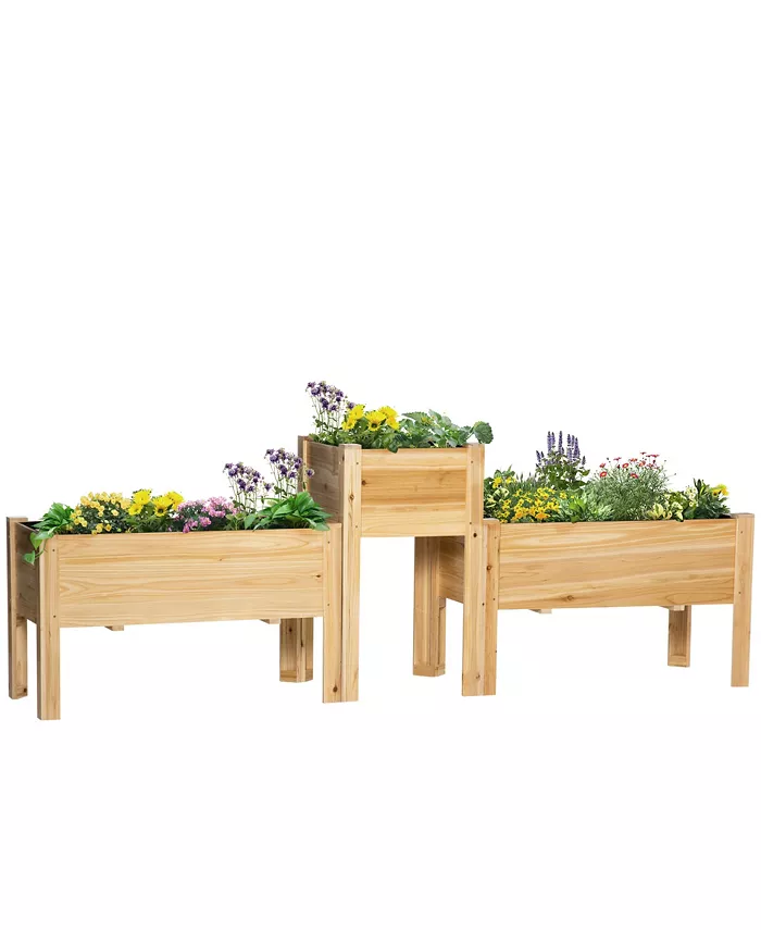 Outsunny Raised Garden Bed， Set of 3 Wood Box Trough Planters， Draining