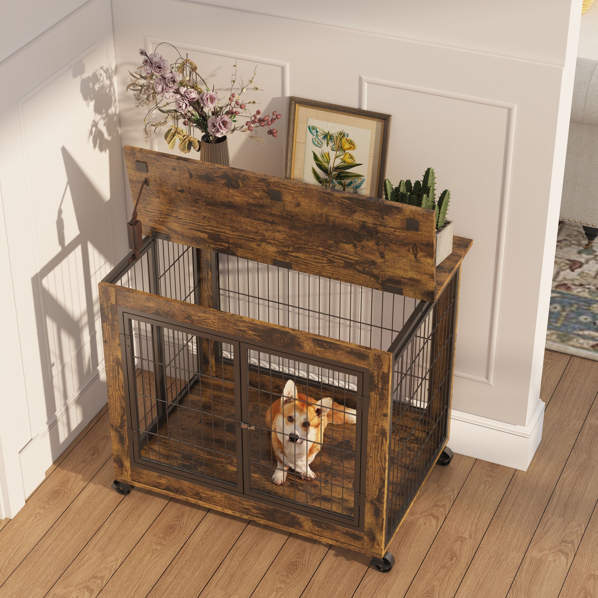 Furniture Dog Cage Crate with Double Doors on Casters(Rustic Brown; 31.50''W*22.05''D*24.8''H)