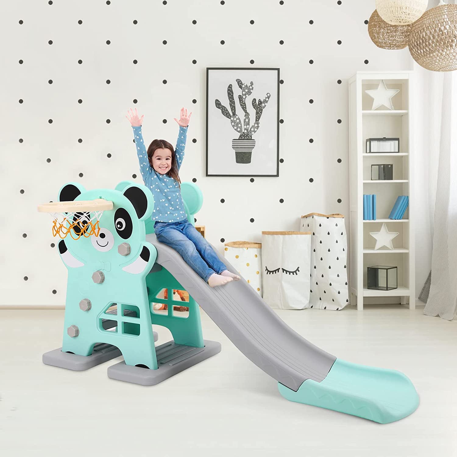 Arlopu Sturdy Kids Slide， Plastic Toddler First Slide Climber Set Indoor Outdoor Playground Toy with Basketball Hoop and Ball