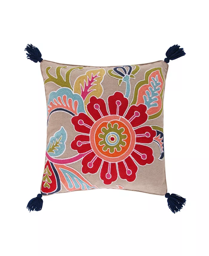Levtex Jules Crewel Flower Tassel Decorative Pillow， 18