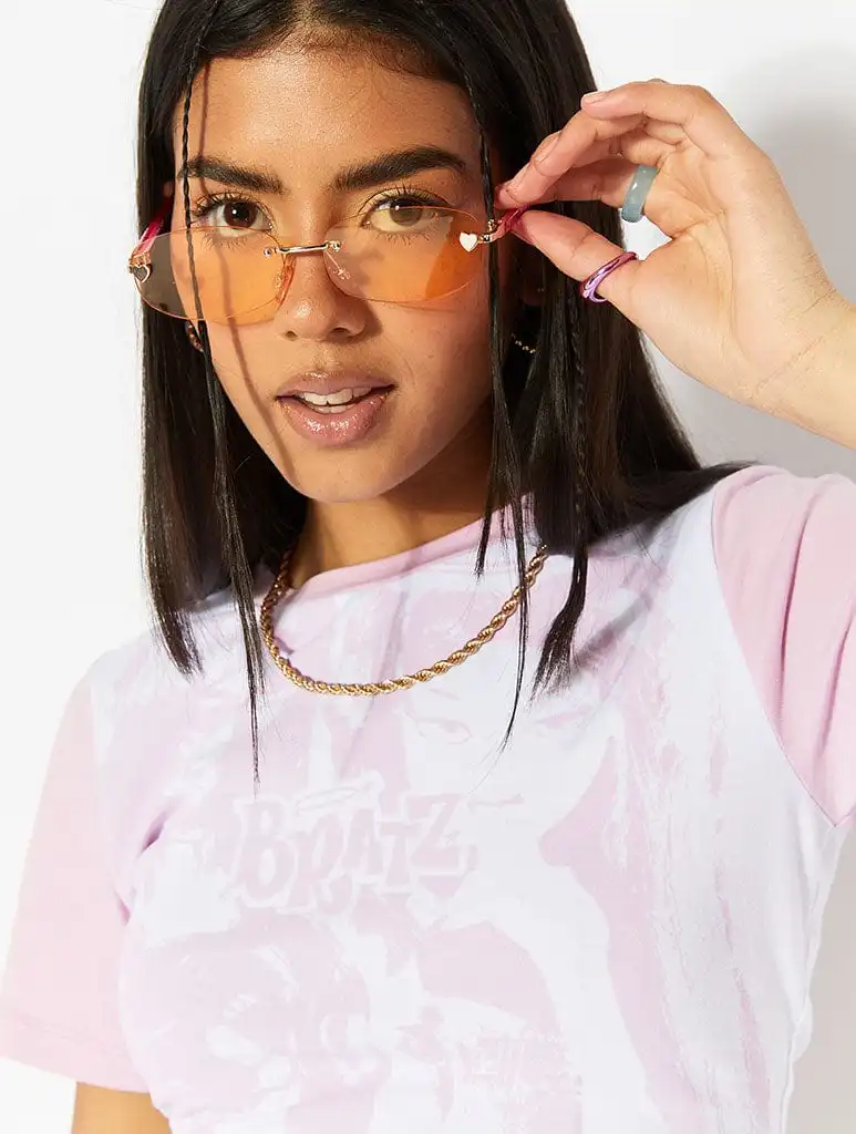 Pink Rimless Narrow Sunglasses With Orange Tinted Lens