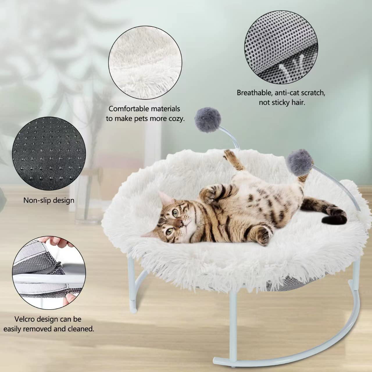 Cat Bed， Kenyone Elevated Pet Breathable Washable Hammock Bed for Cat Small Medium Dog with Plush Mat and Cat Toy Stuff Fur Ball Pet Supply for Kitty and Puppy Indoors and Outdoors (Gray)