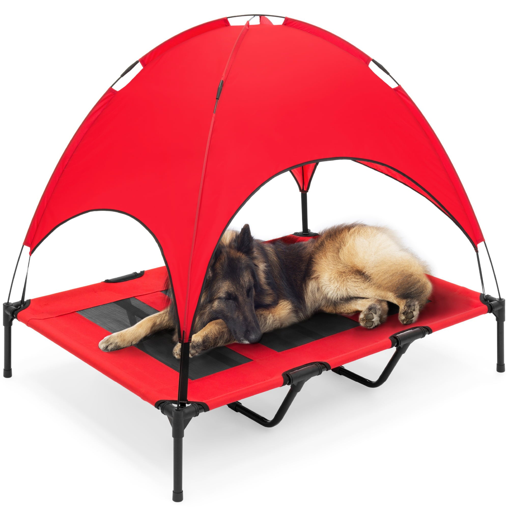 Best Choice Products 48in Elevated Cooling Dog Bed， Outdoor Raised Mesh Pet Cot w/ Removable Canopy， Carrying Bag - Red