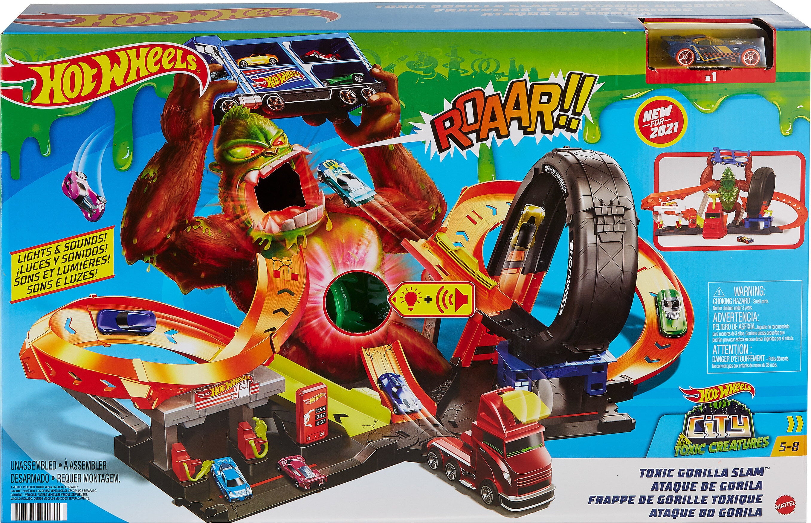 Hot Wheels City Toxic Gorilla Slam Playset and 1:64 Scale Toy Car with Lights and Sounds
