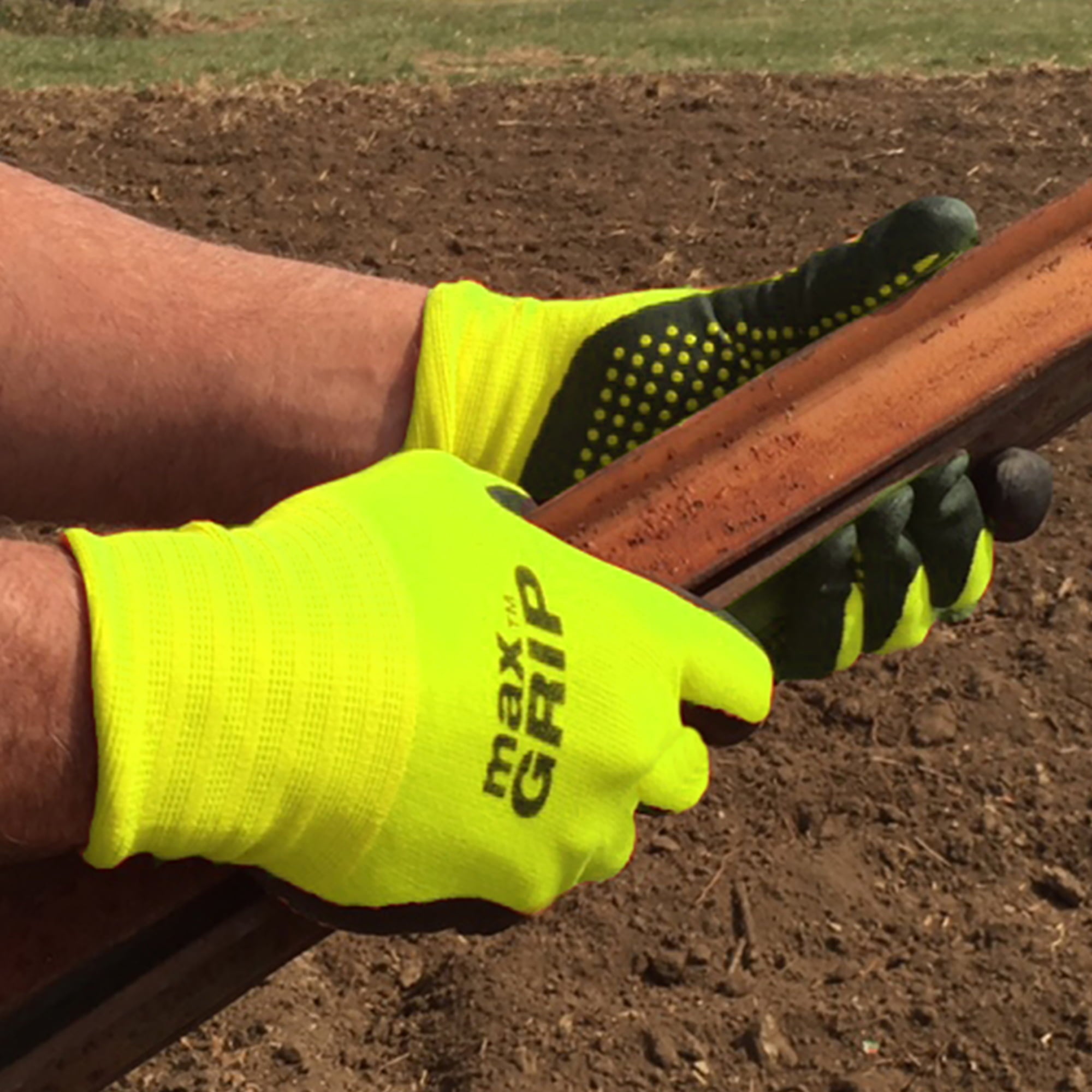 MidWest Gloves & Gear, Unisex, 6 Pack Max Grip™ Hi-Viz Yellow Gripper Glove, Size SM