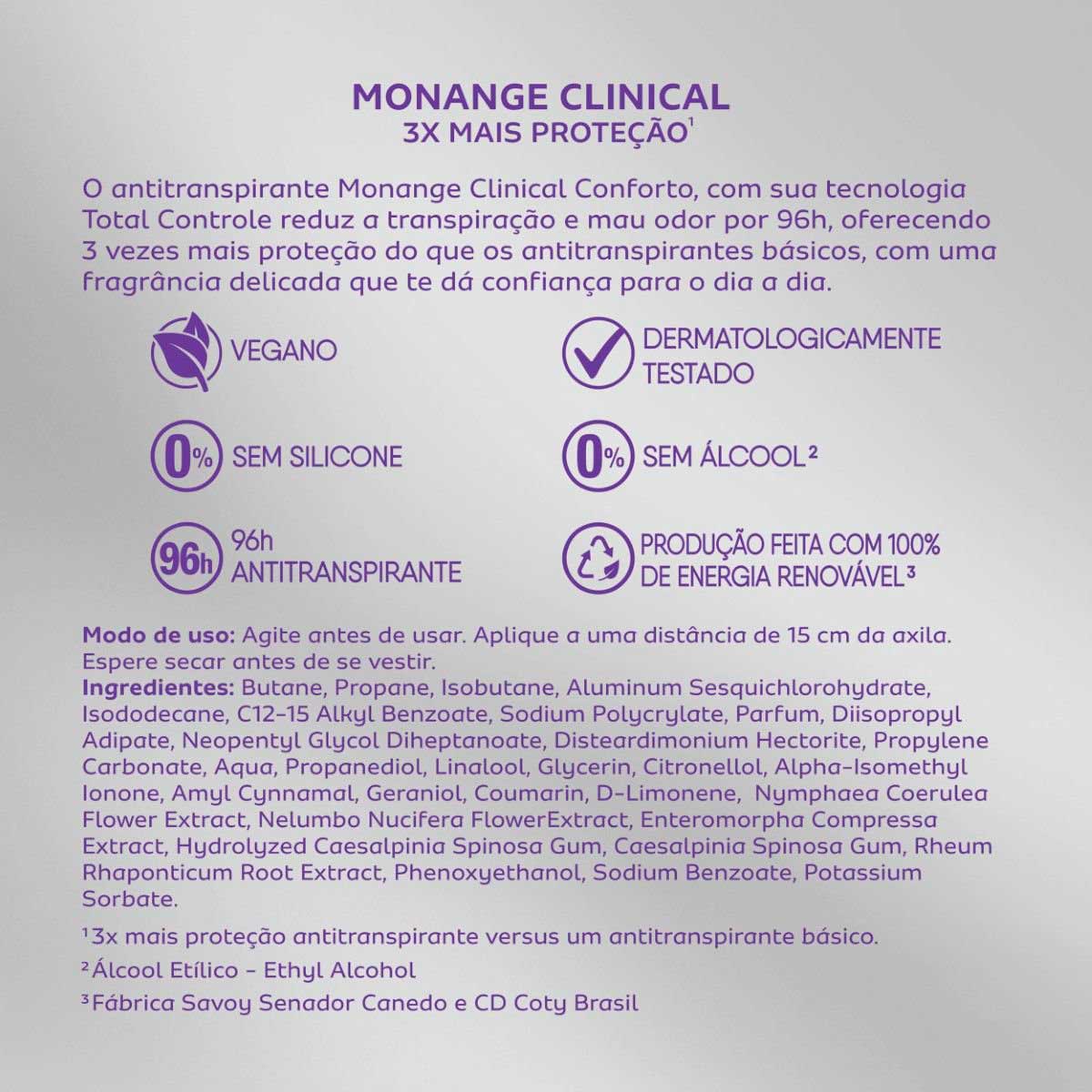 Desodorante Clinical Conforto Aerossol Antitranspirante Monange Feminino 150ml