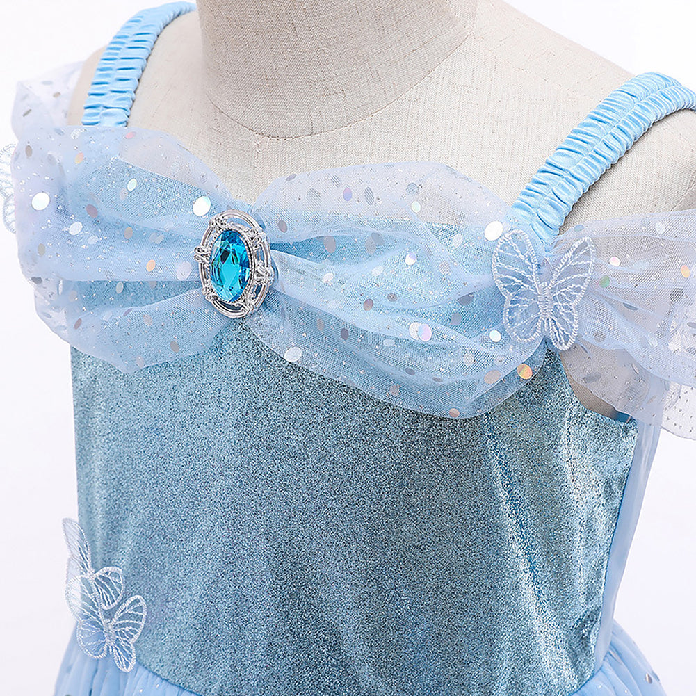 IMEKIS Cinderella Costume for Toddler Girls Princess Costumes Cinderella Dress Up Jewelry Set Crown Fairy Wand Baby Kids Halloween Cosplay Role Play Birthday Outfit 7-8 Years Blue Shiny