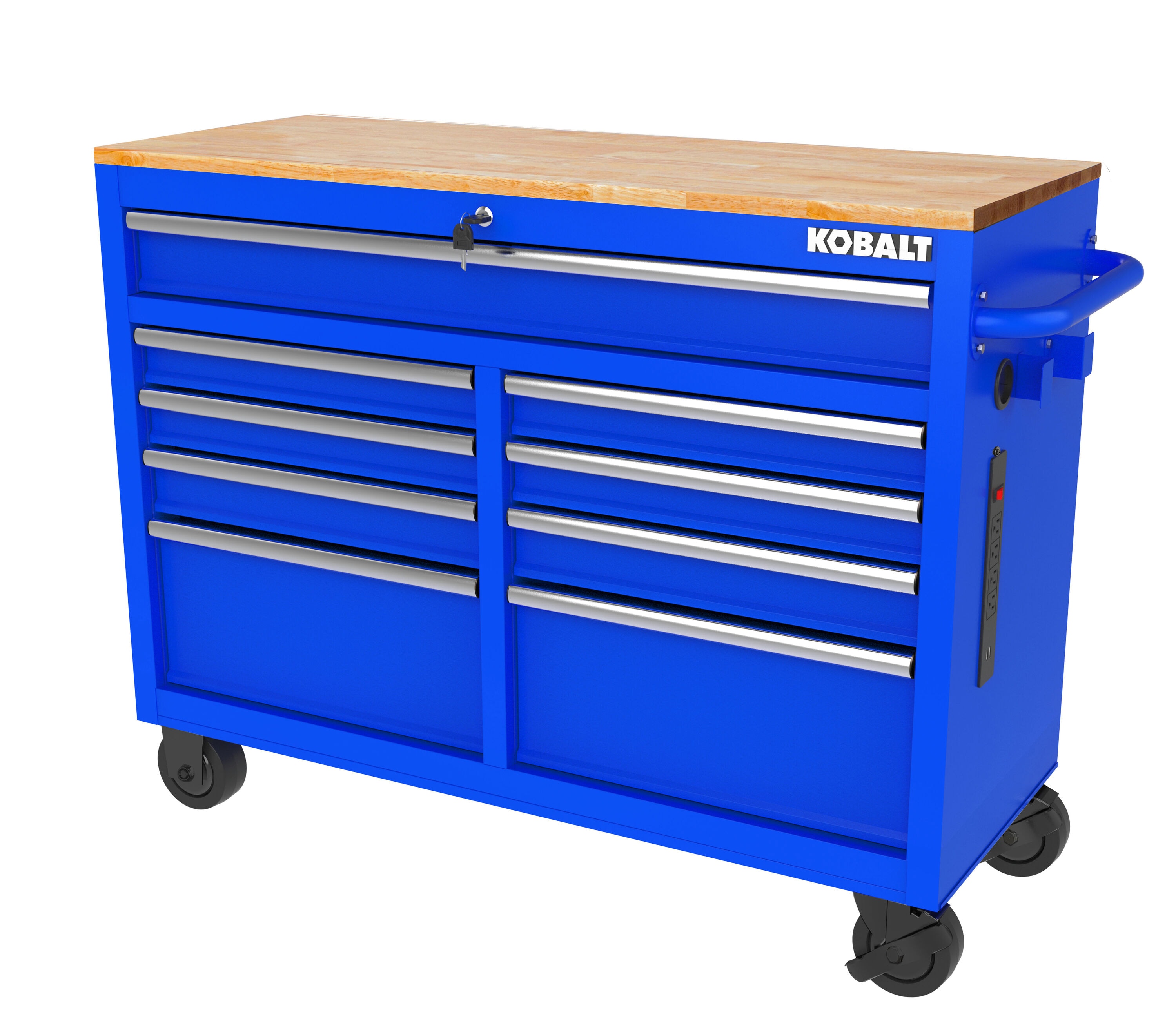 Bancada de trabalho Kobalt com 9 gavetas, 117 cm de comprimento x 94,5 cm de altura, em madeira preta/azul, com rodízios.