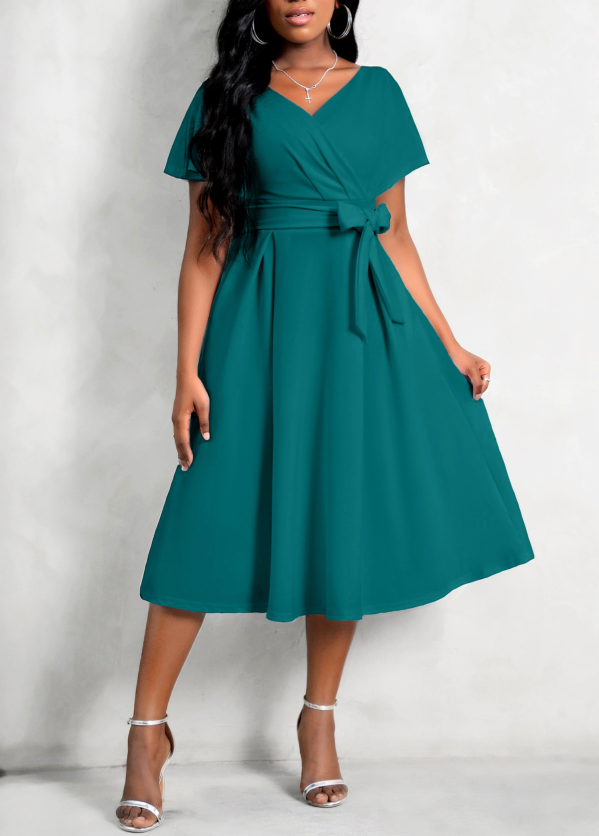 Cross Front Belted Short Sleeve Dress