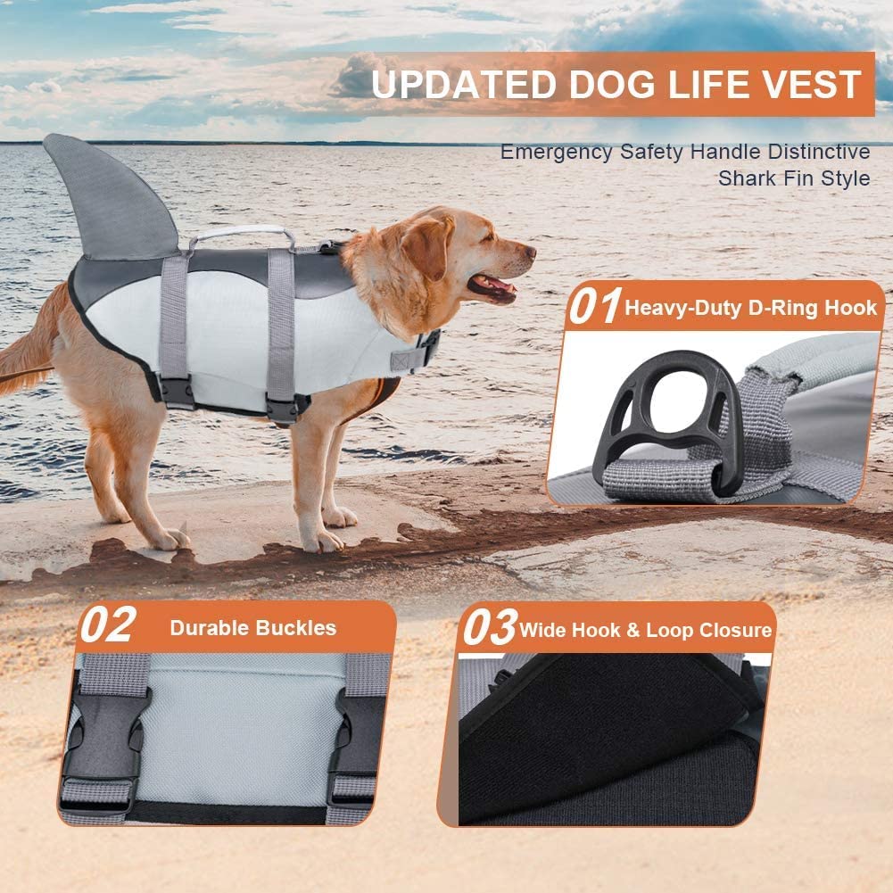 Dog Life Jacket， Ripstop Dog Safety Shark Vest with Adjustable Preserver and Durable Rescue Handle for Small，Medium and Large Dogs