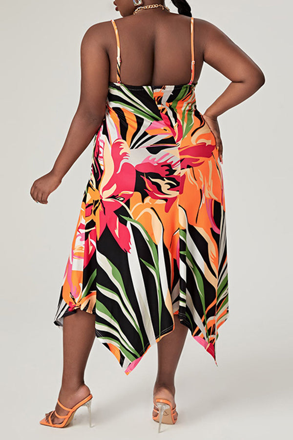 Elegant Commuter Print Sling Irregular Plus Size Dress