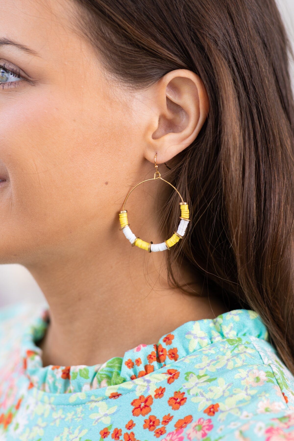 Yellow and White Disc Bead Hoop Earrings
