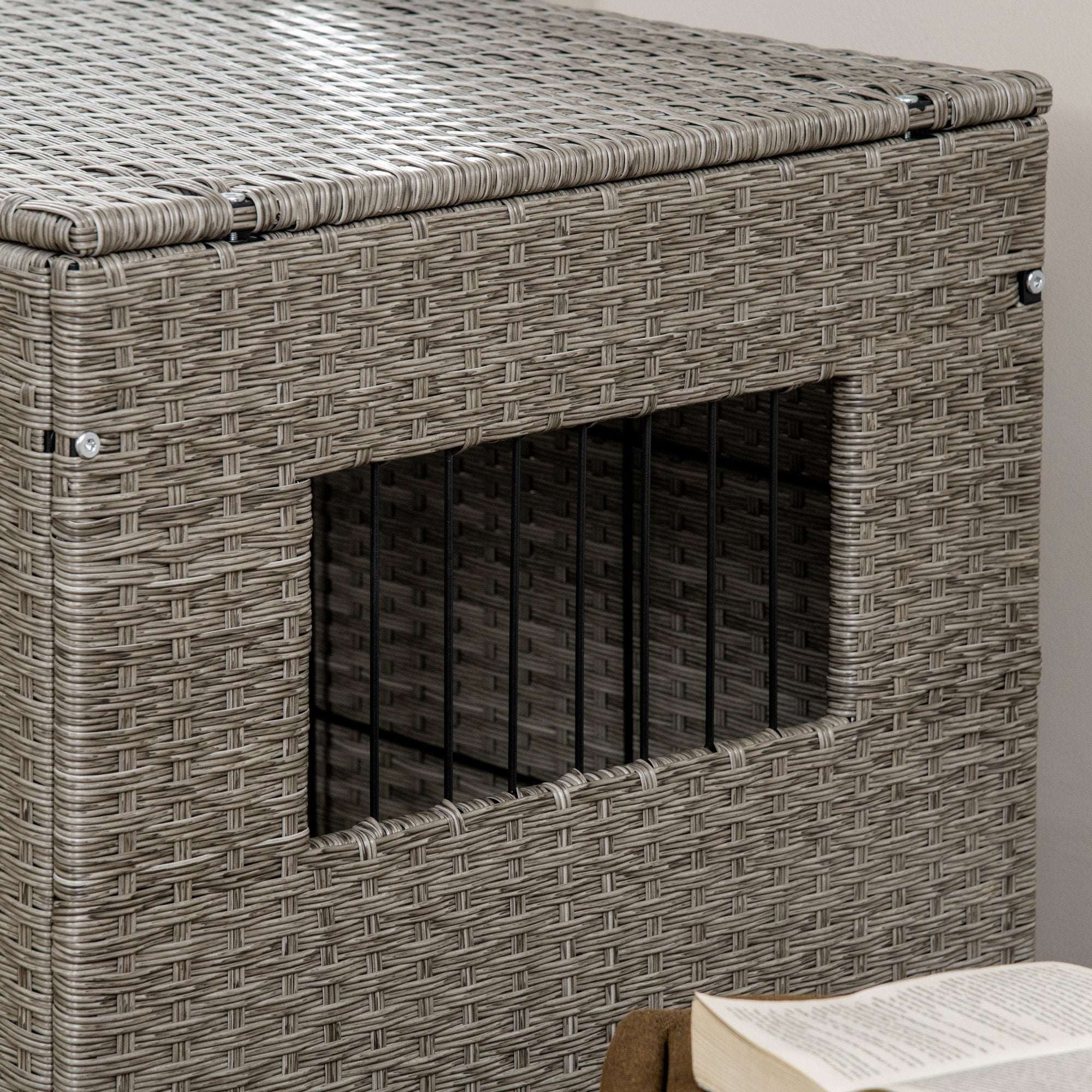 PawHut Rattan Dog Crate with Double Doors， Wicker Dog Cage with Large Entrance and Soft Washable Cushion， Dog Kennel Furniture for Medium to Large Sized Dogs， Grey