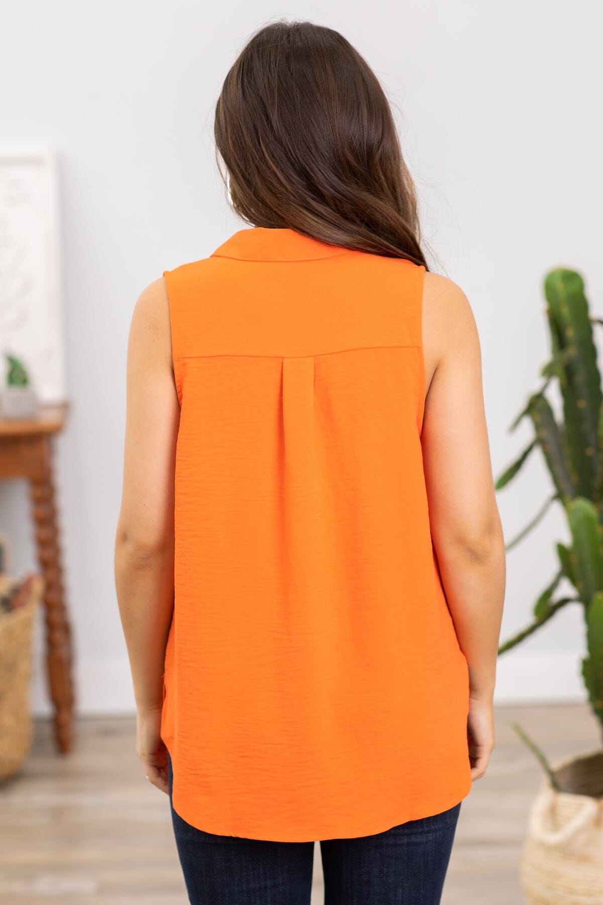 Orange Collared Sleeveless Top With Pocket