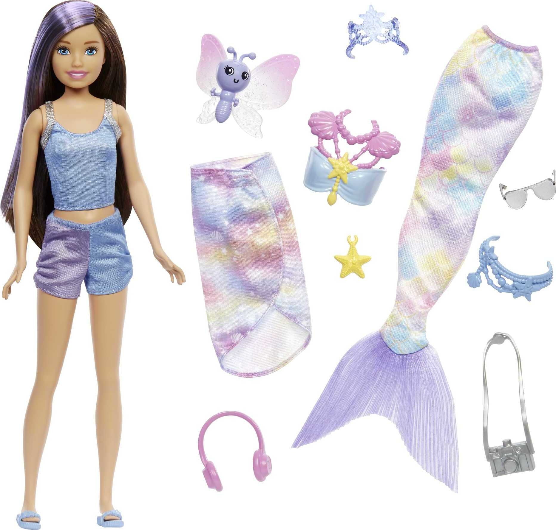Barbie Mermaid Power Skipper Doll with 10 Pieces including Mermaid Tail, Pet and Accessories