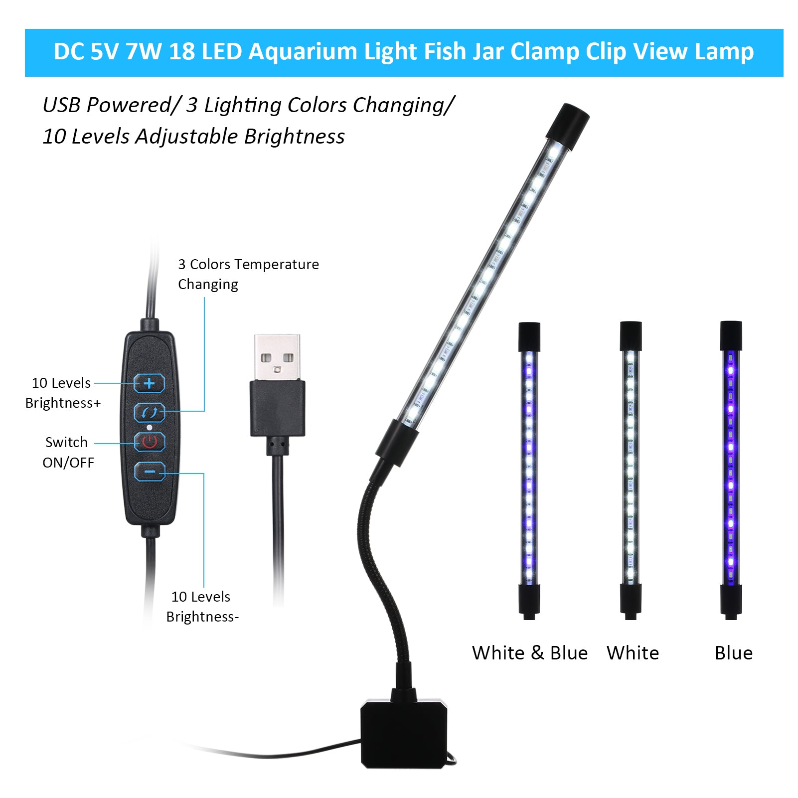CACAGOO D C 5V 7W 18 LED Aquarium Light Fish Jar Clamp Clip View Lamp USB Powered Operated 3 Colors Changeable 10 Levels Adjustable Brightness Dimmable Flexible Bendable Foldable Tube Design Por