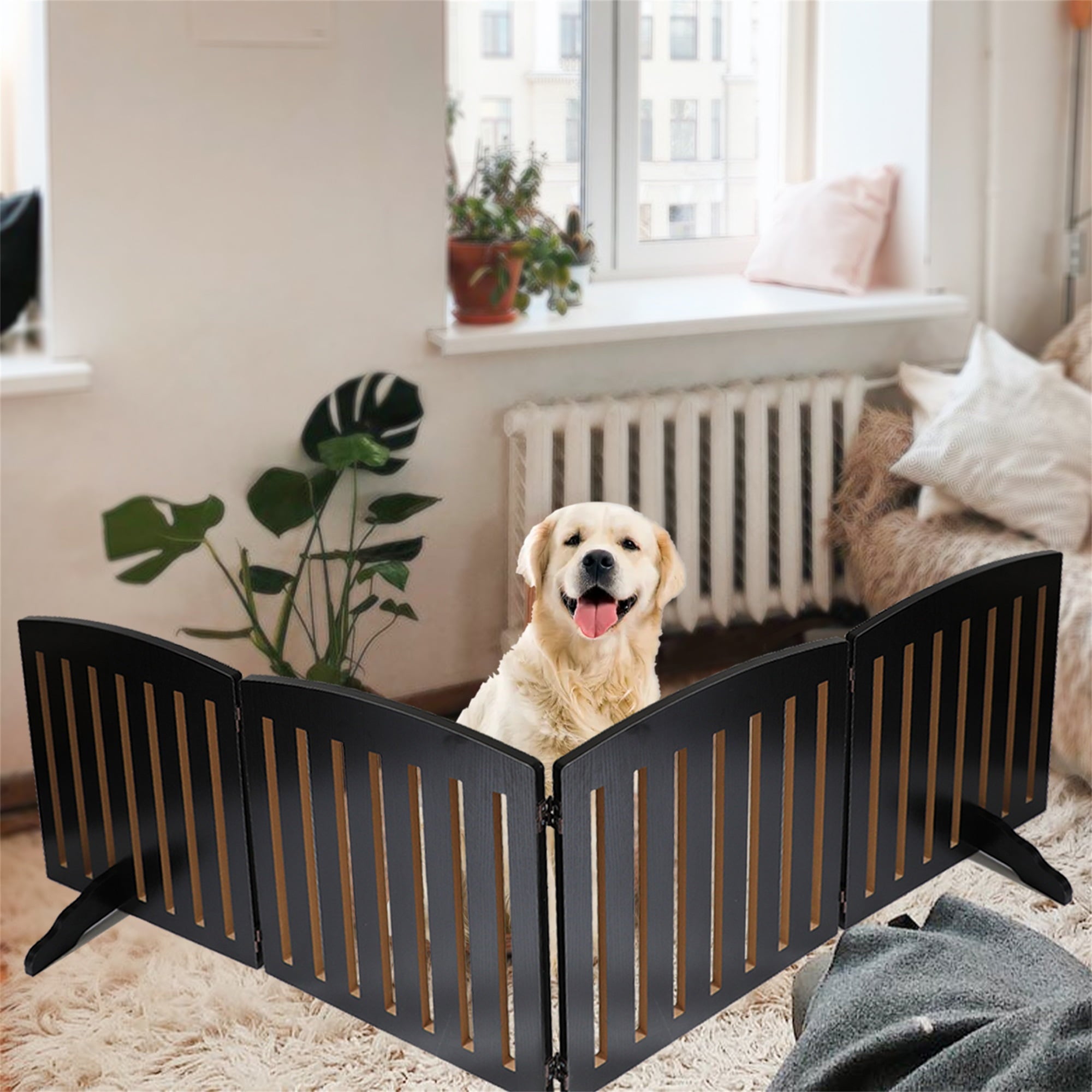 Pet Gate， 7*2 Ft Wooden Freestanding Foldable Pet Gate for DogsandCats， 4 Panels Step Over Fence， Support Feet Included， Dog Gate for The House， Doorway， Stairs， Extra Wide