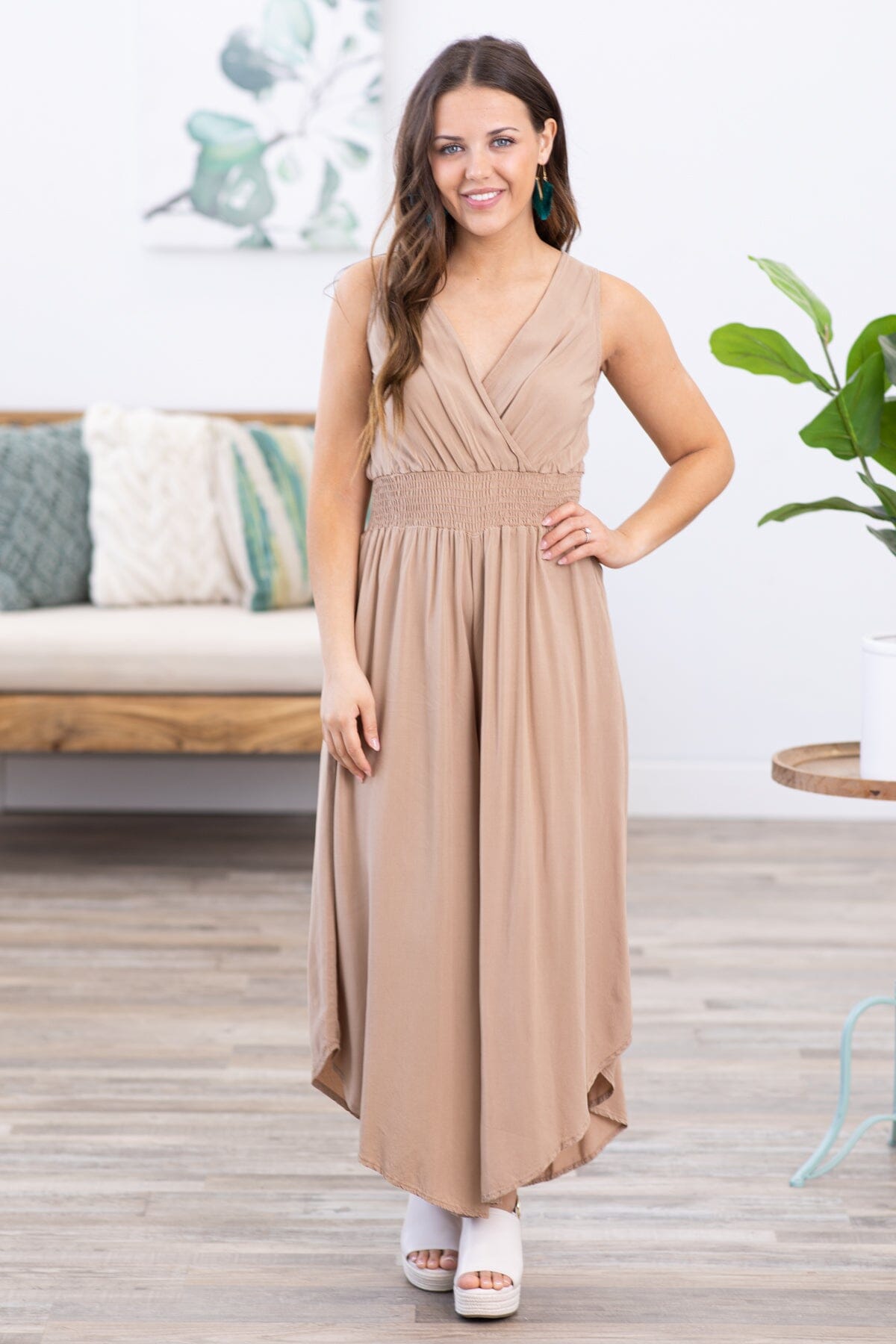 Tan Surplice Front Smocked Waist Jumpsuit