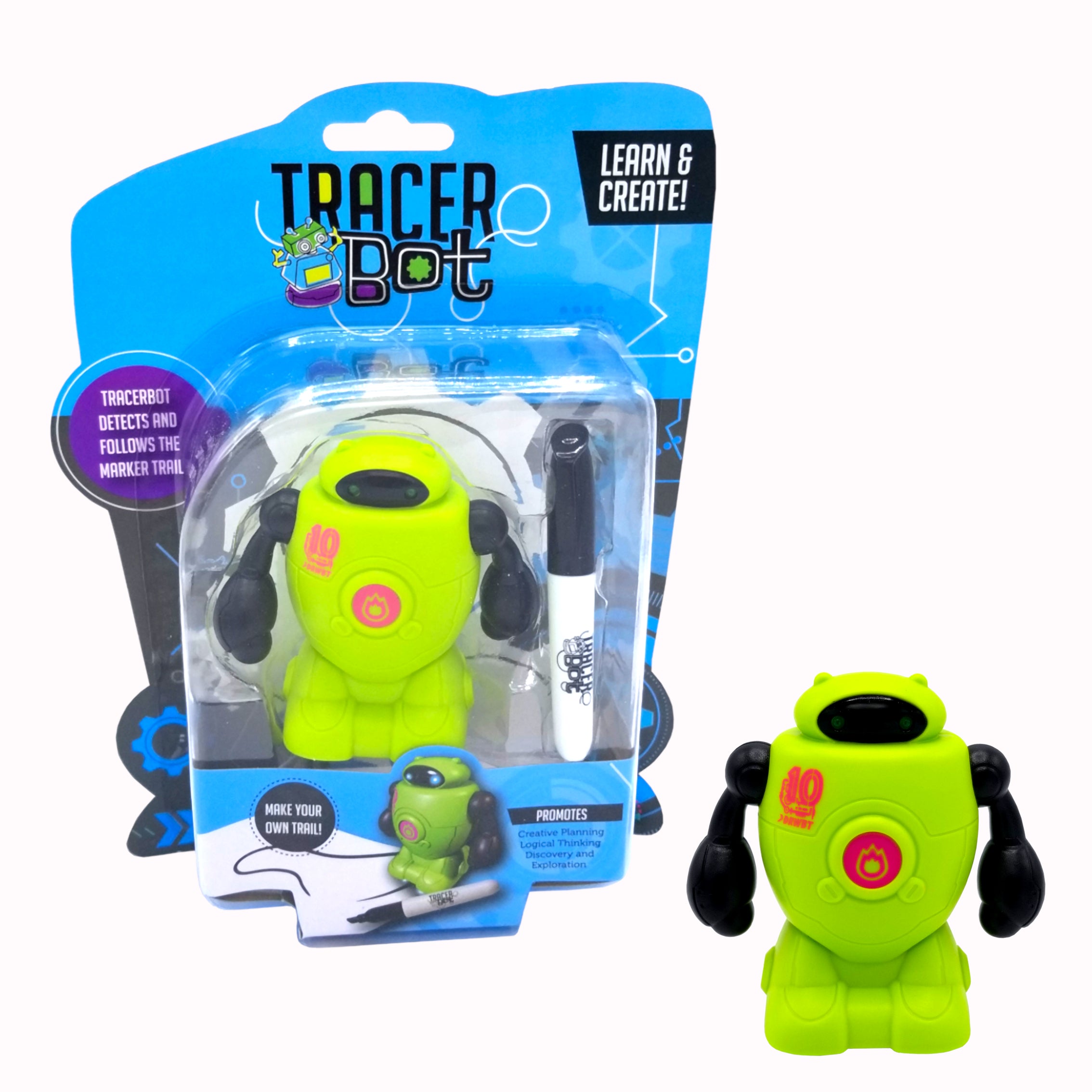 MUKIKIM Tracerbot - Green – Mini Inductive Robot That Follows The Black Line You Draw. Fun， Educational， and Interactive Stem Toy with Limitless Ways to Play! Promotes Logic and Creativity Training