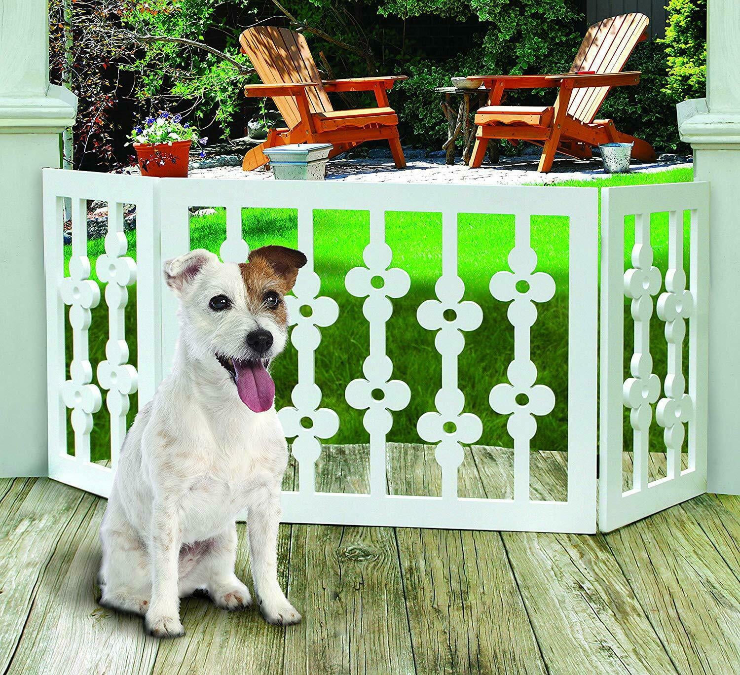 White Floral Wood Pet Dog Gate Foldable Adjustable 3-Section Freestanding Extra Wide. Keeps Pets Safe Indoors/Outdoors - Fully Assembled