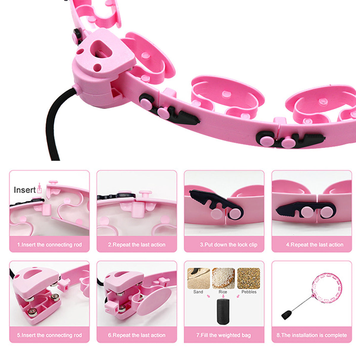 HQZY Smart Weighted Fit Hoop for Adults Weight Loss，Detachable Knots 2 in 1 Adomen Fitness Massage for Adults and Beginners，Pink