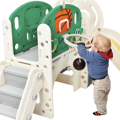 Kids Slide Playset Structure，Arch Tunnel， Ring Toss， and Basketball Hoop， Freestanding Castle Climbing Crawling Playhouse with Slide， Toy Storage Organizer for Toddlers， Kids Climbers Playground