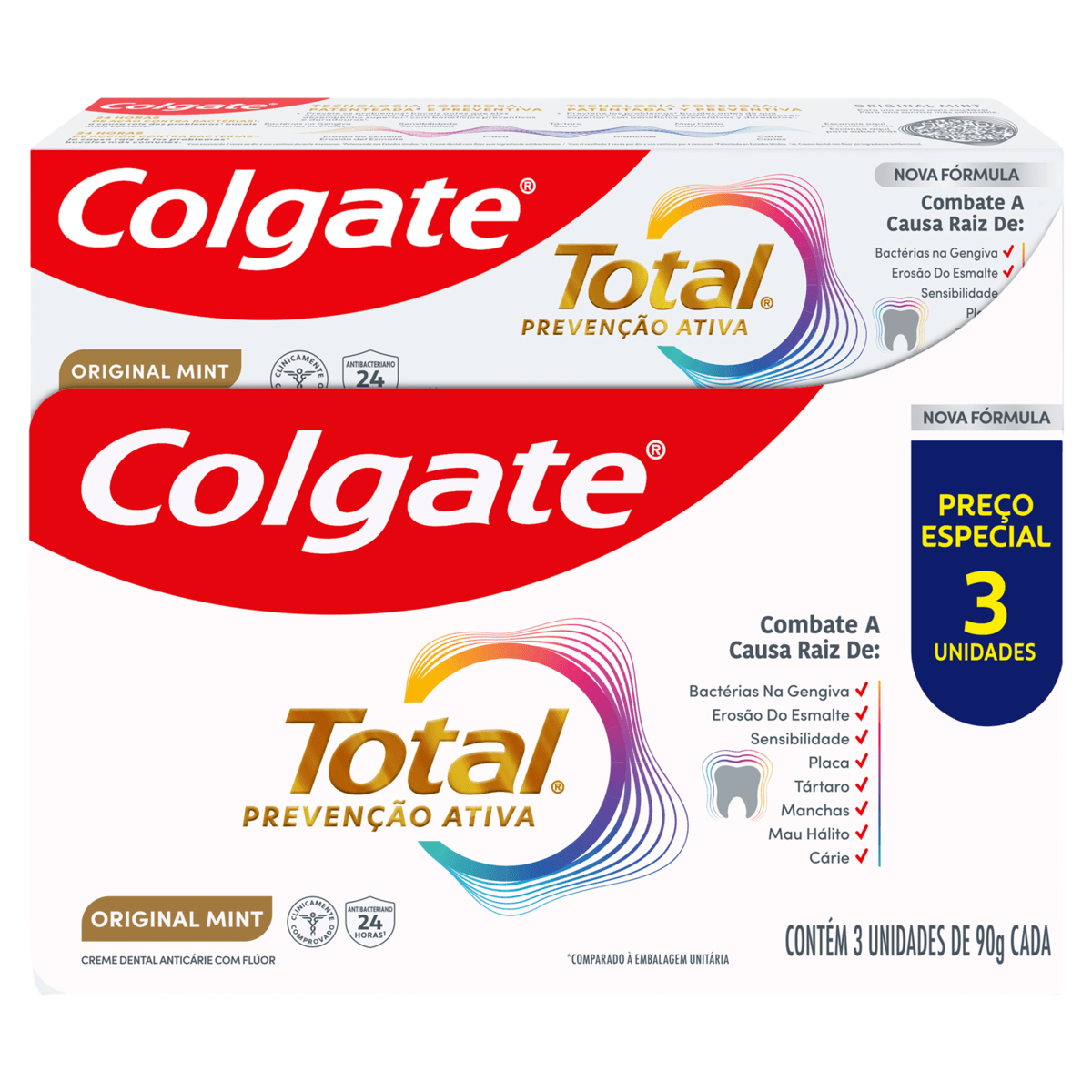 Pack Creme Dental Original Mint Colgate Total Prevencao Ativa Caixa 3 Unidades 90g Cada