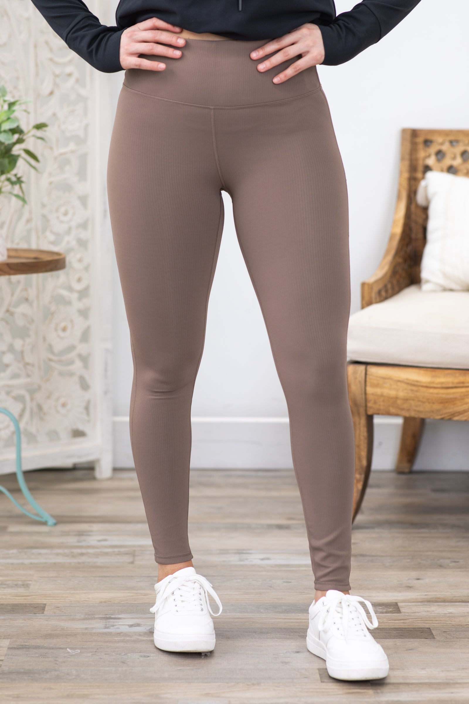 Mocha Jacquared Ribbed High-Waisted Leggings
