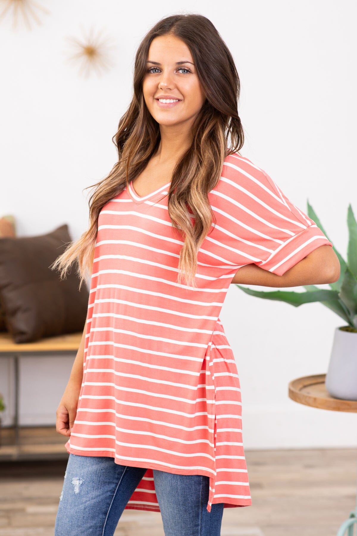 Coral and Off White Stripe V-Neck Top