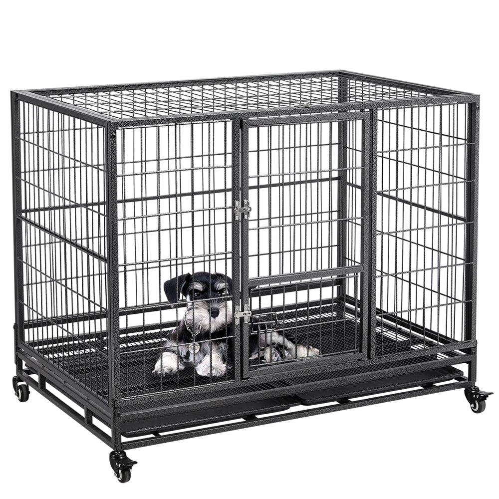 Yaheetech L43.5xW28.5xH35'' Rolling Dog Crate Metal Dog Cage with Wheels and Litter Pans For Medium/Large Dogs， Black