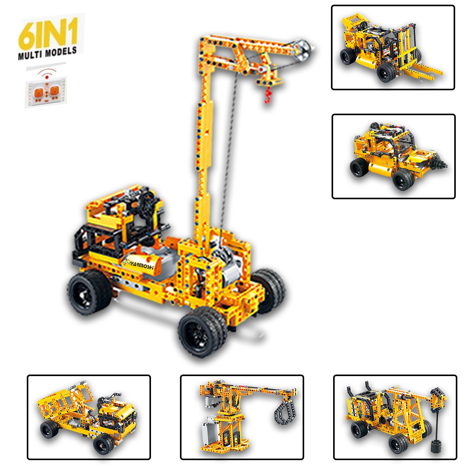 YARMOSHI RC Building Blocks Large Truck Turns Into Car and Crane Engineering Educational STEM Gift for Boys and Girls Model Cars Kit 718 PCS Remote Control USB Charger for Kids Teens Adults