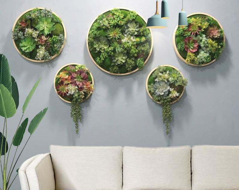 Realistic Faux Artificial Succulents Living Wall Art Decor Wood Framed