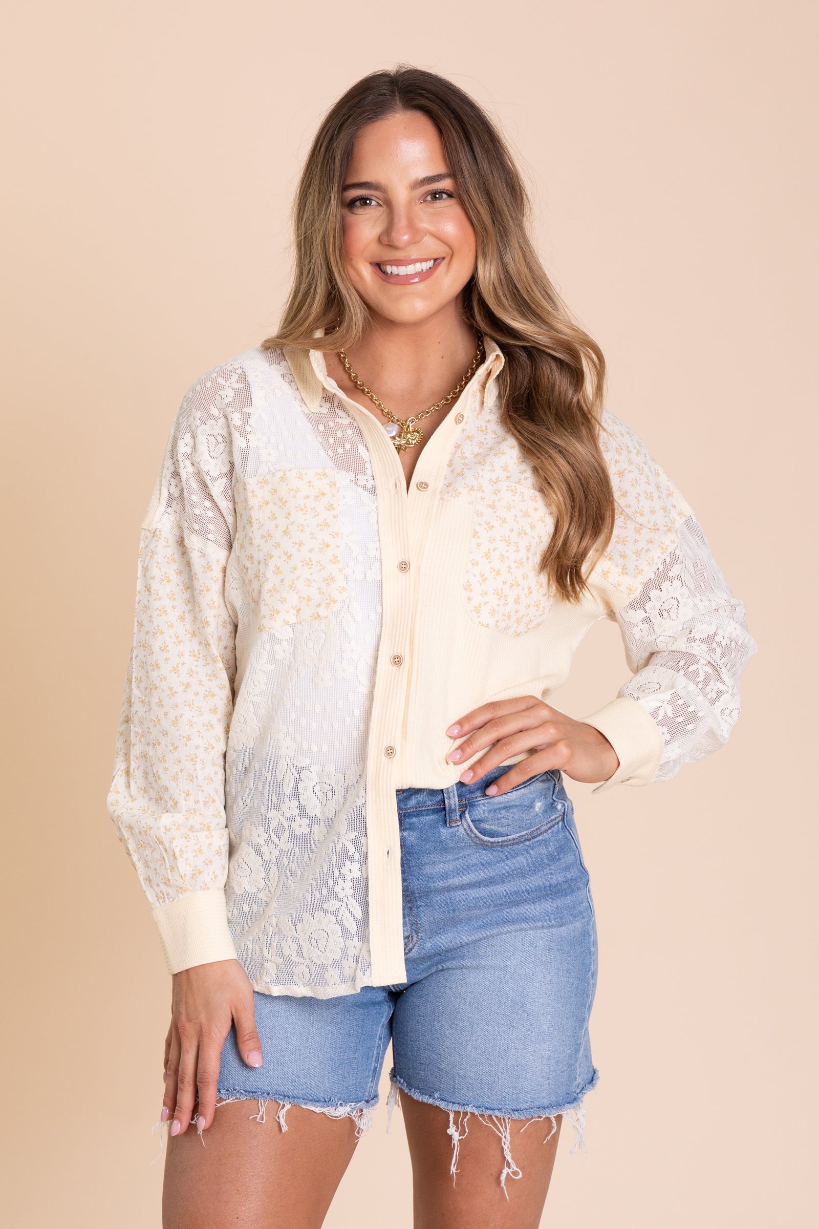 Cream Contrast Ribbed Knit And Lace Shacket