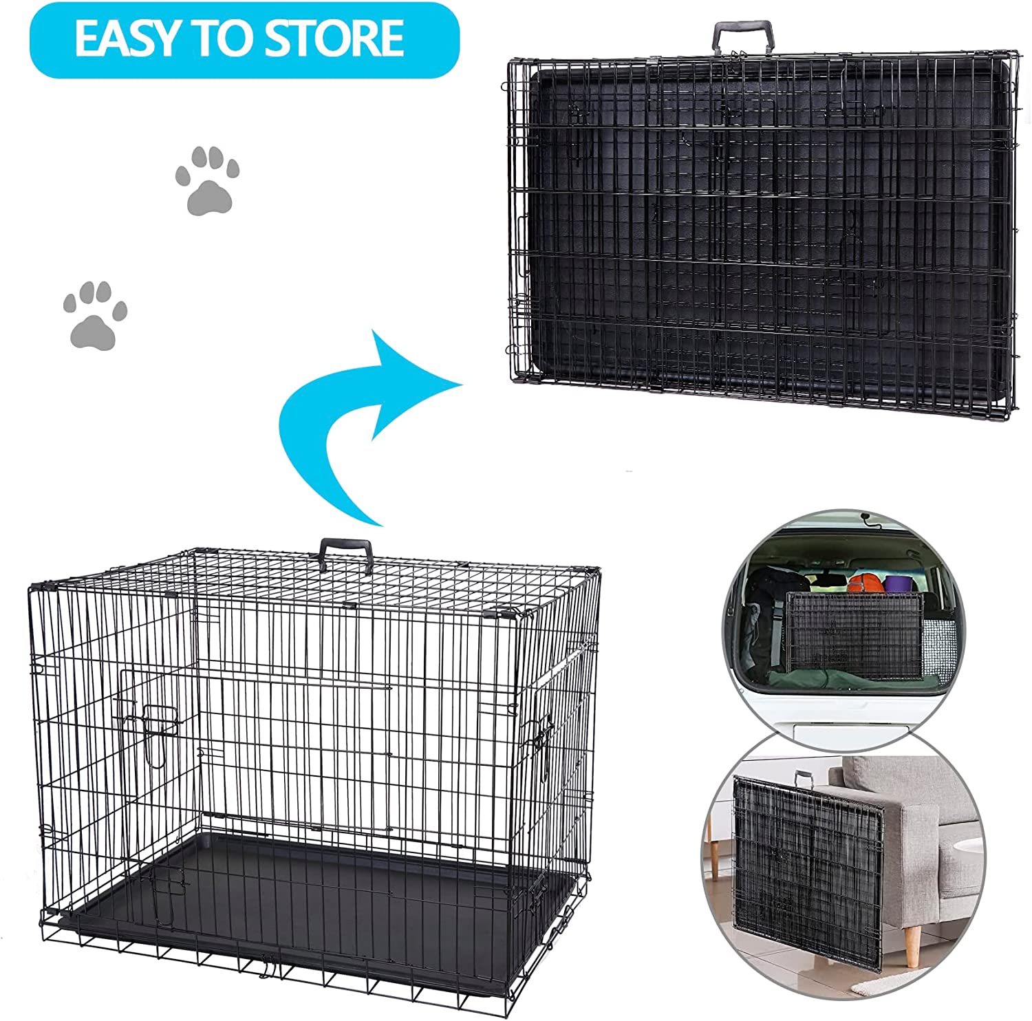 30/36/42Inches Double Door Dog Crate Folding Metal Wire Dog Kennel Cage with Tray for Small/Medium/Large Dogs Indoor Outdoor Travel Use