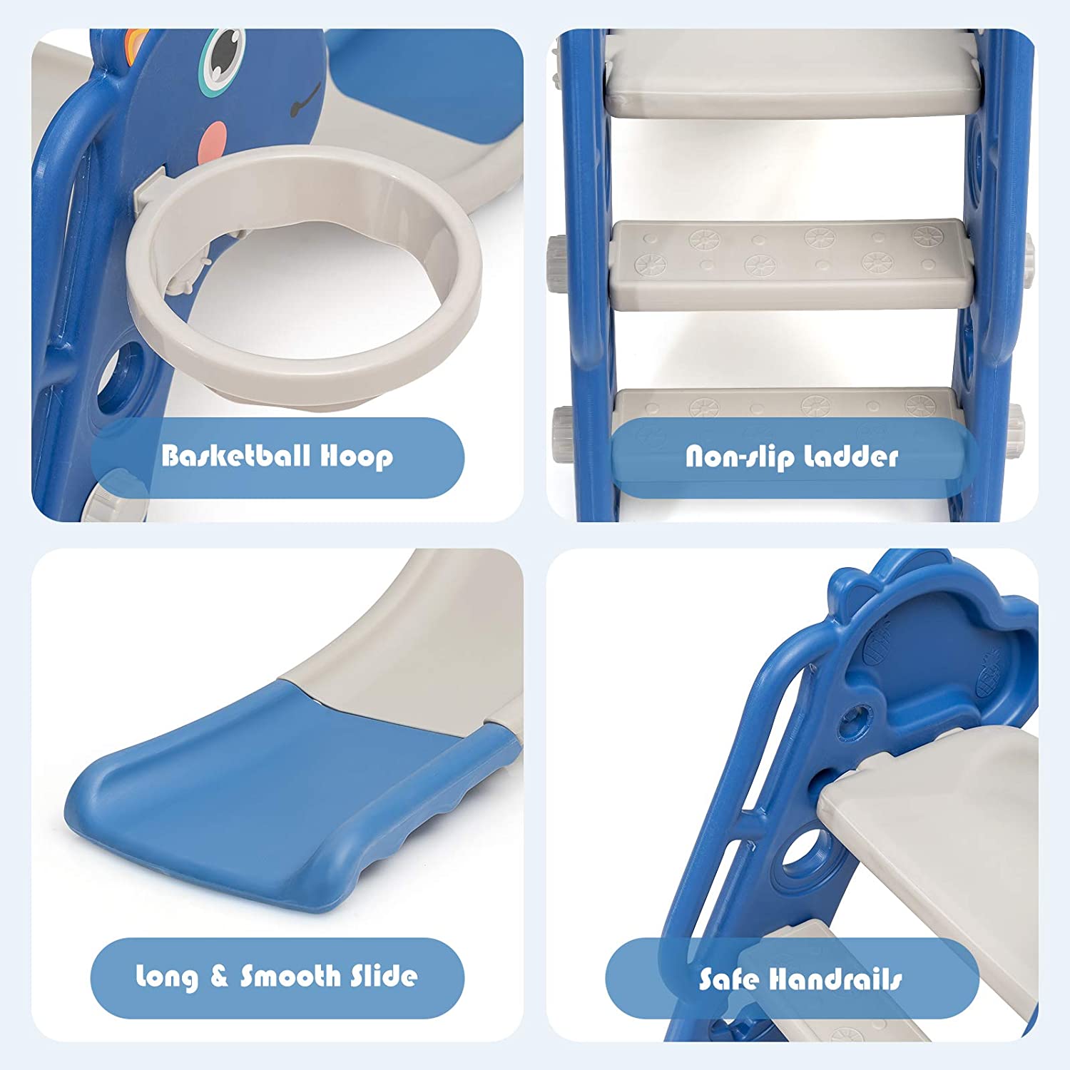 3 in 1 Slide for Kids， Toddler Slide Climber Set for Indoor Outdoor， Freestanding Baby Game Slide with Extra Long Slipping Slope， Basketball Hoop and Ball for Boys and Girls (Blue)